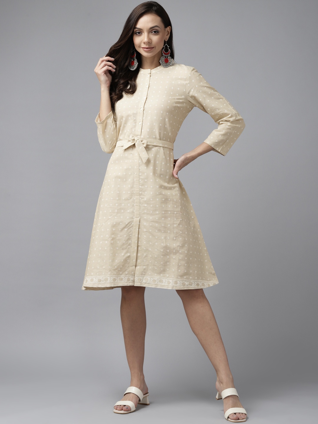 

W Beige & Off White Ethnic Motifs Print A-Line Dress with Belt