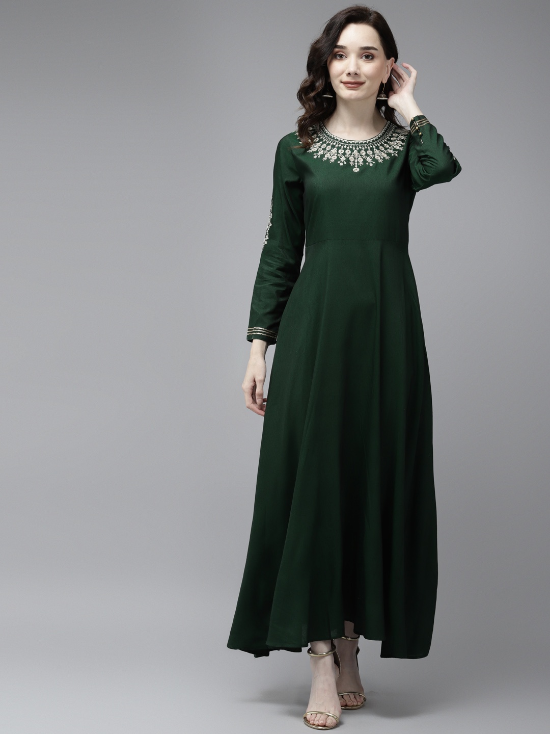 

W Women Bottle Green Embroidered Ethnic Maxi Dress
