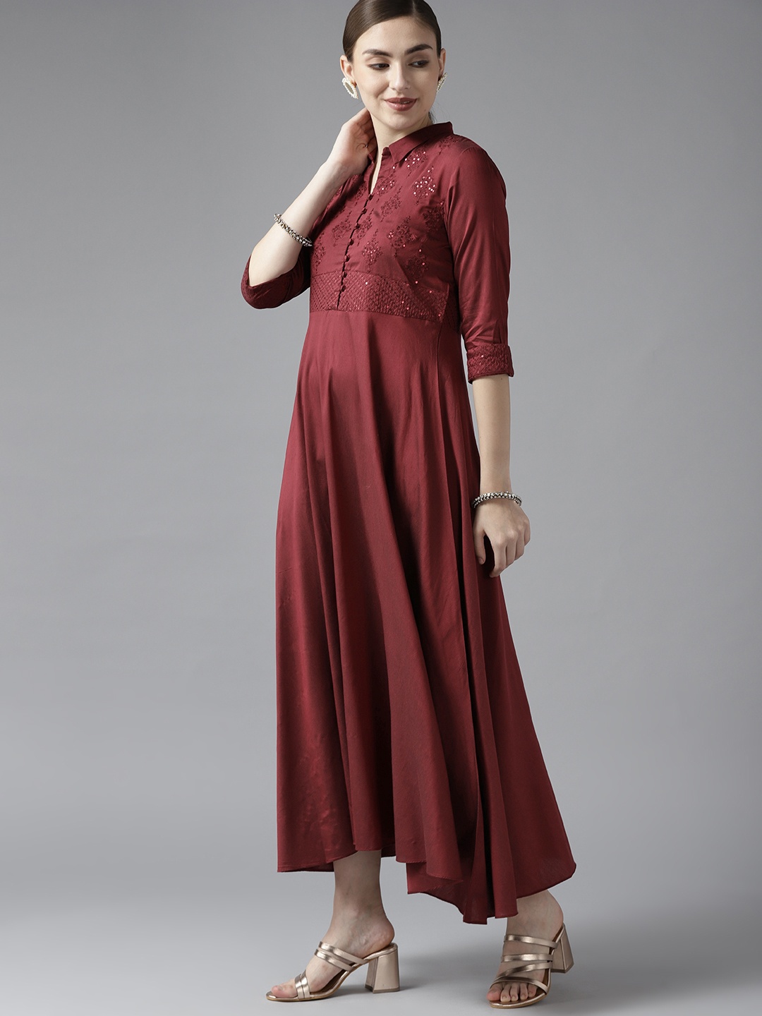 

W Maroon Ethnic Motifs Embroidered Maxi Dress