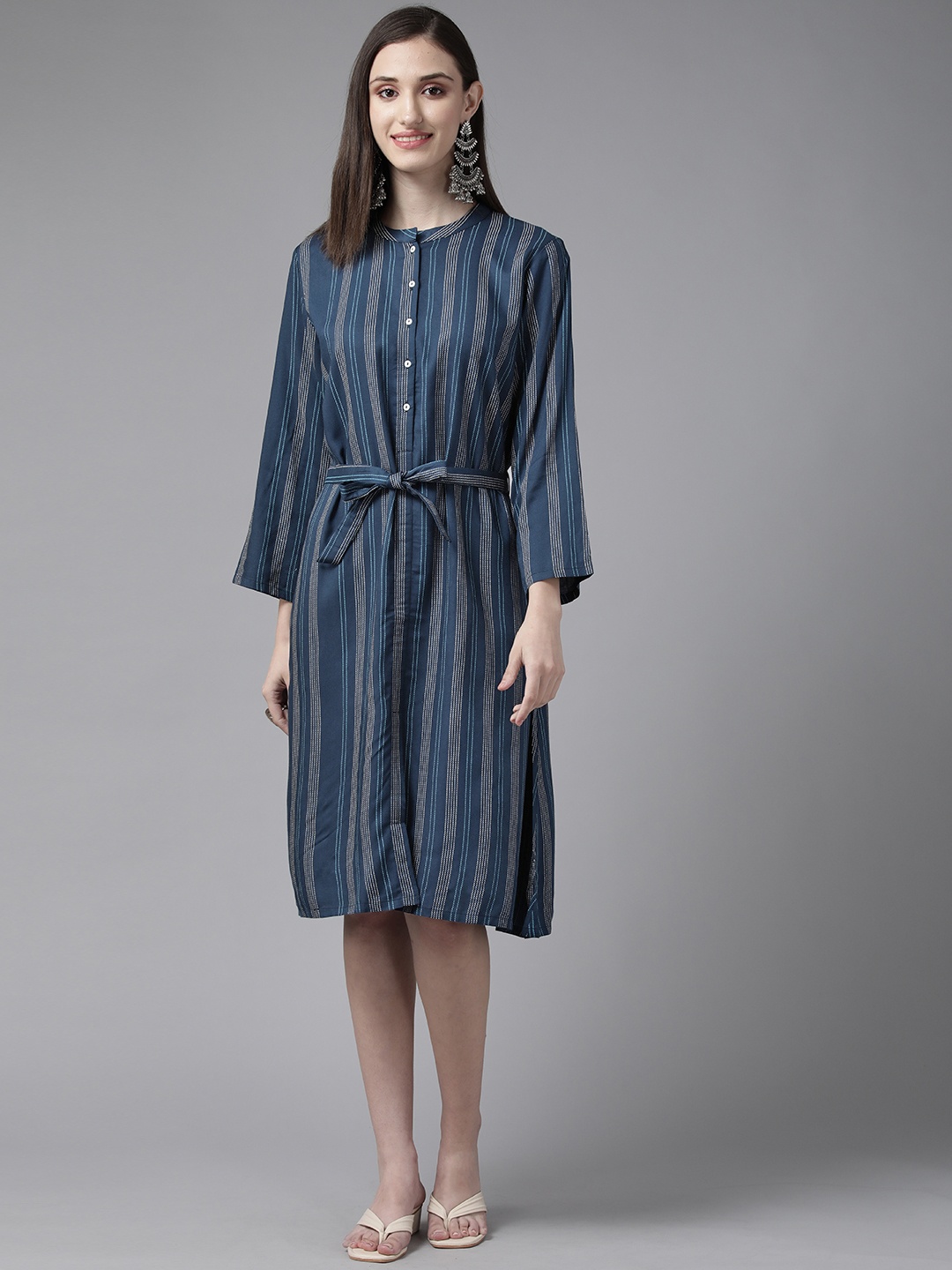 

W Navy Blue & White Striped A-Line Dress