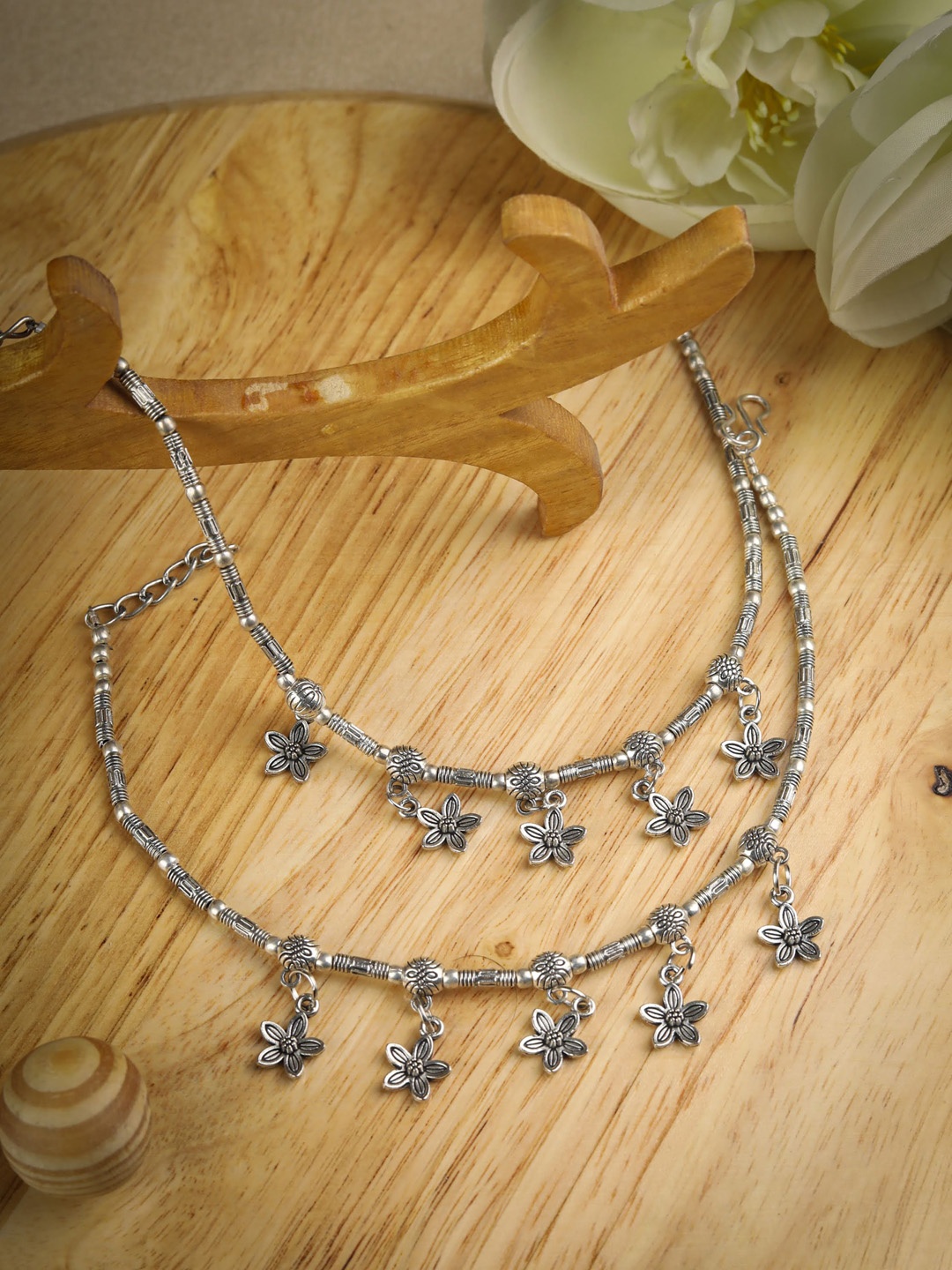 

Priyaasi Set Of 2 Silver-Toned & Plated Oxidised Anklets