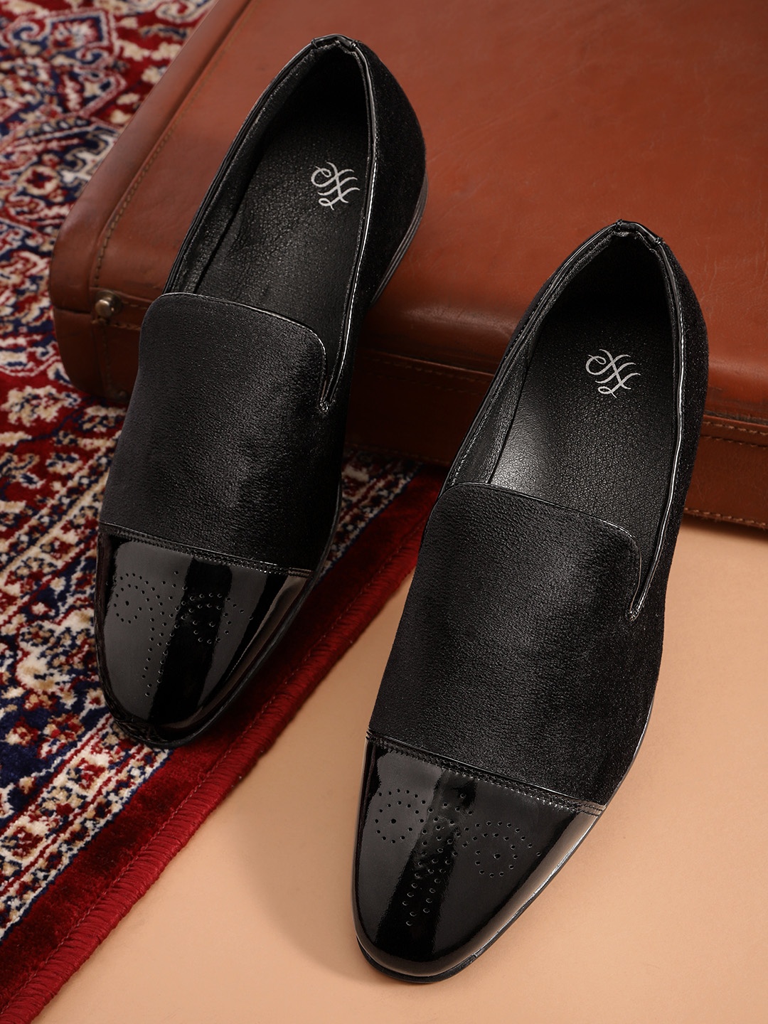 

House of Pataudi Men Black Slip-On Sneakers with Brogue Detail