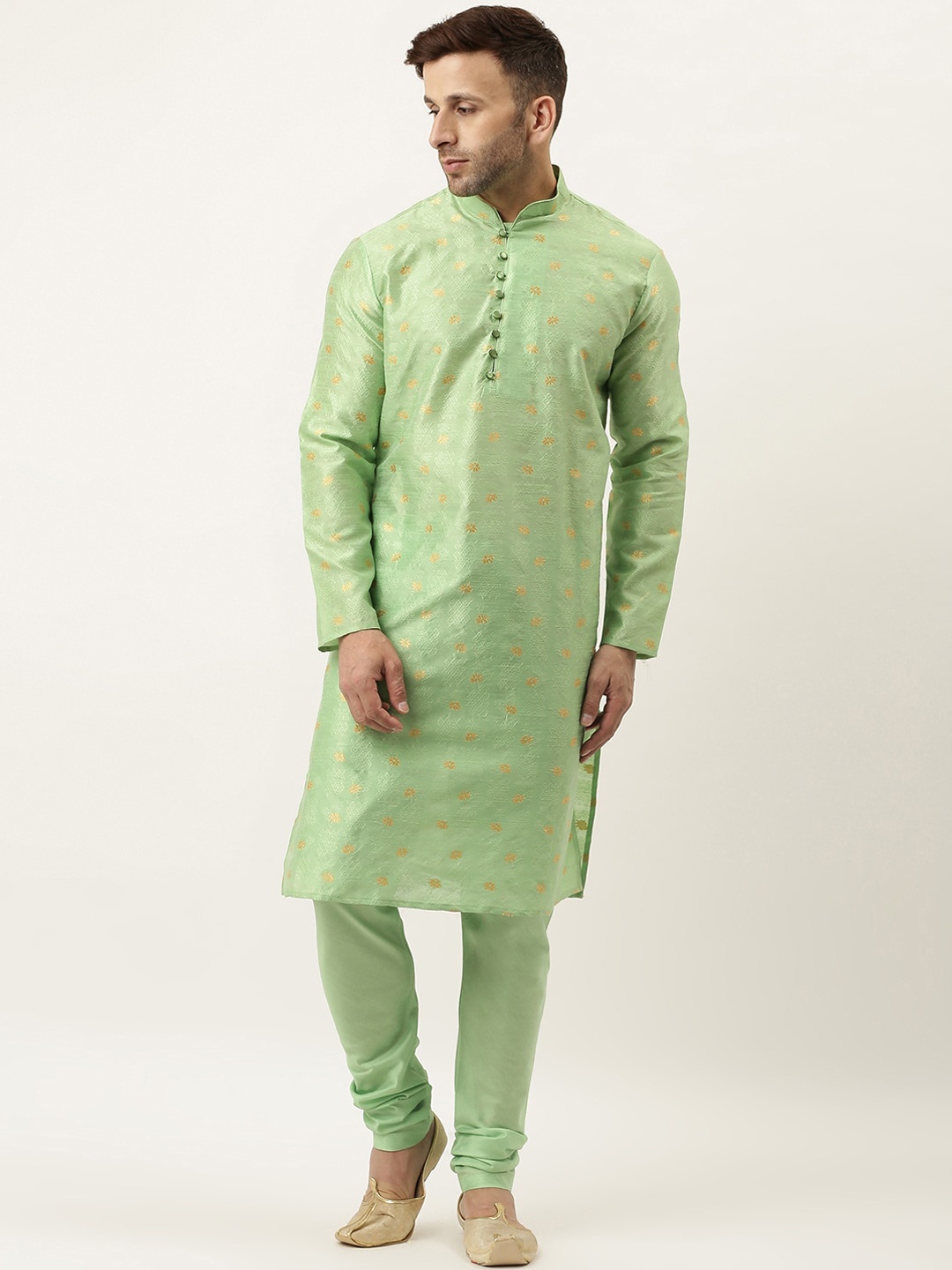 

Hangup Men Green Regular Dupion Silk Kurta with Churidar