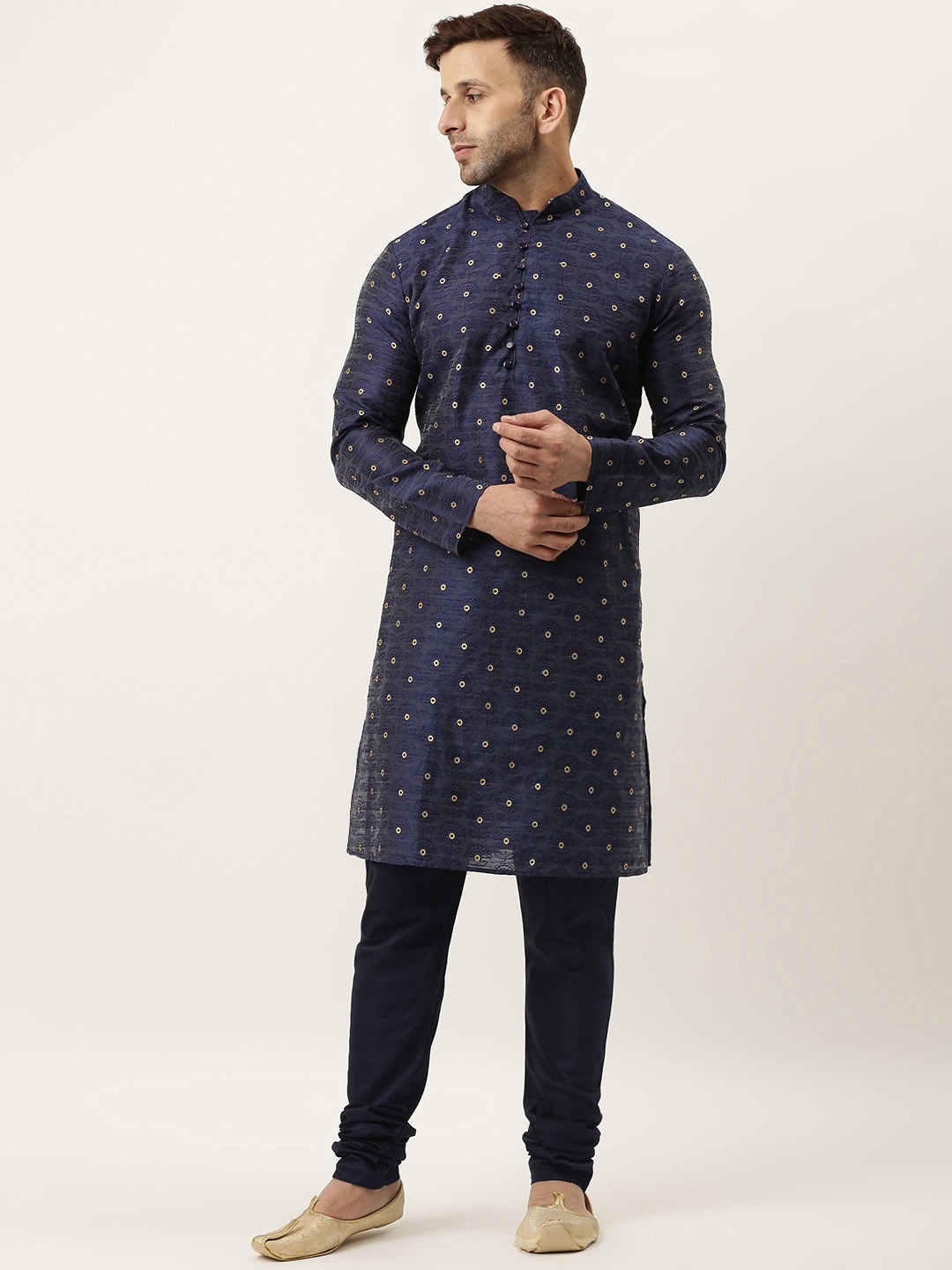 

Hangup Men Navy Blue Regular Dupion Silk Kurta with Churidar