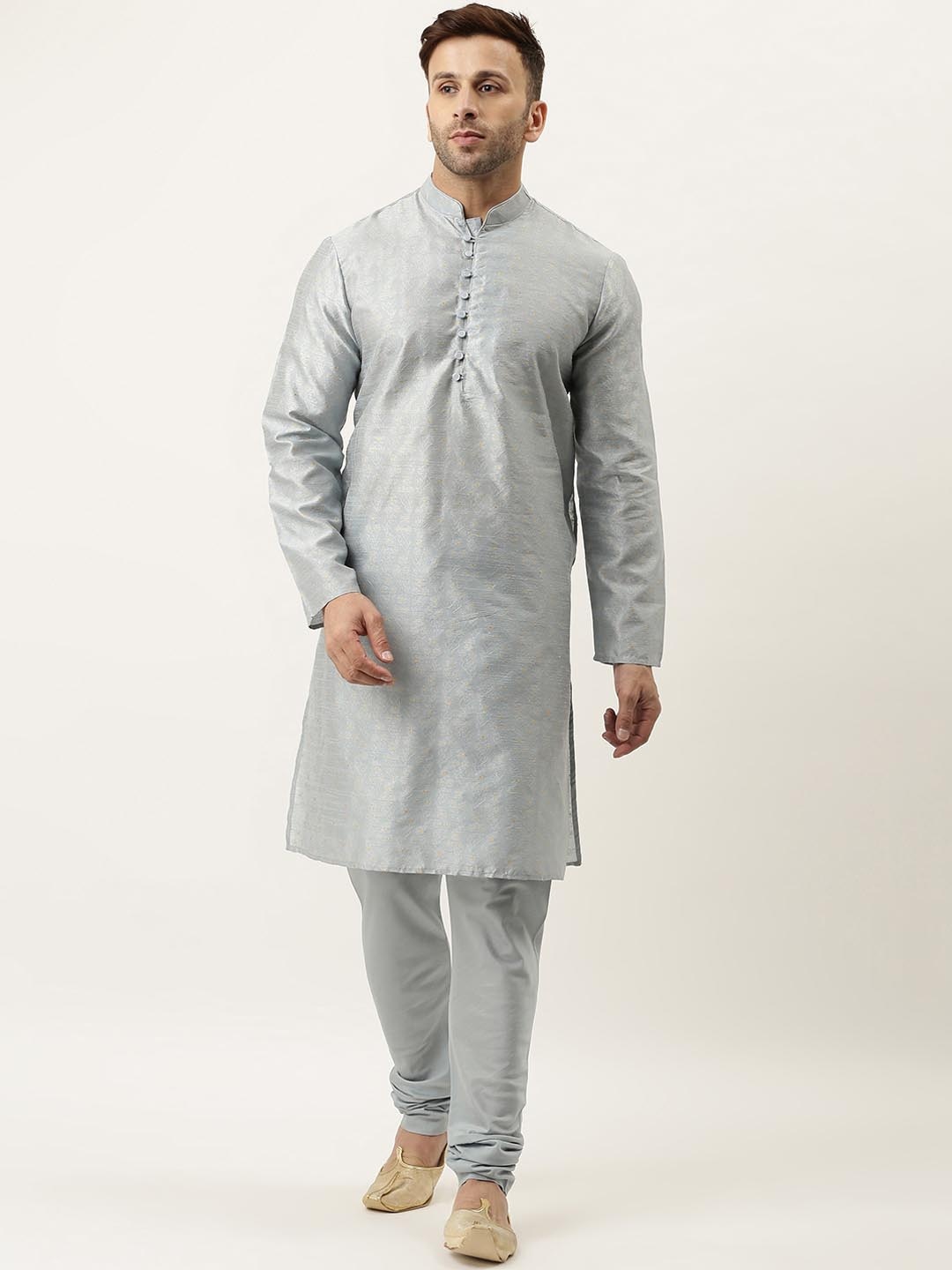 

Hangup Men Grey Floral Woven Design Dupion Silk Kurta with Churidar
