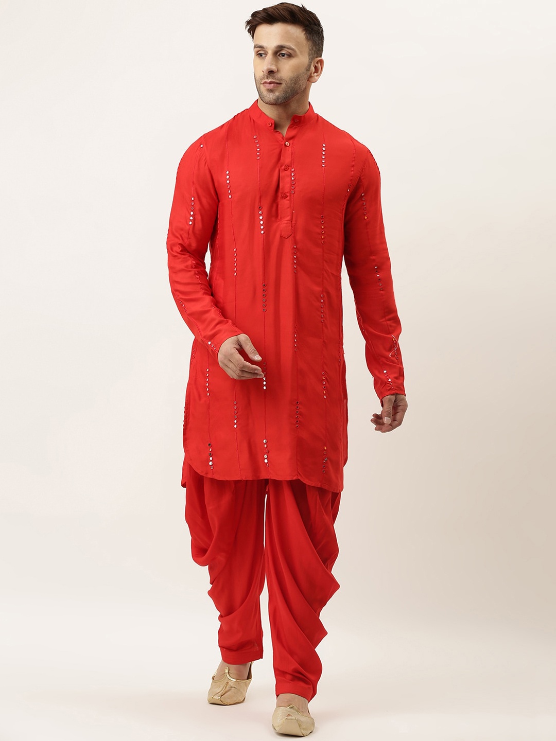 

Hangup Men Red Regular Kurta With Dhoti Pants