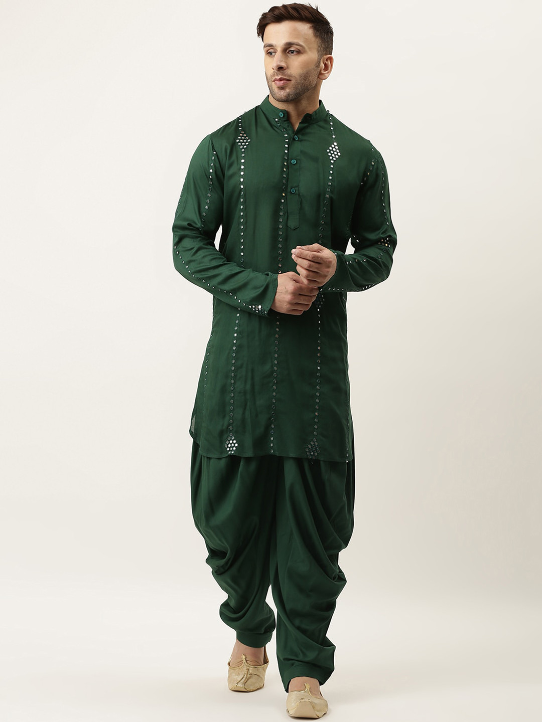

Hangup Men Green Ethnic Motifs Embroidered Regular Mirror Work Kurta with Dhoti Pants