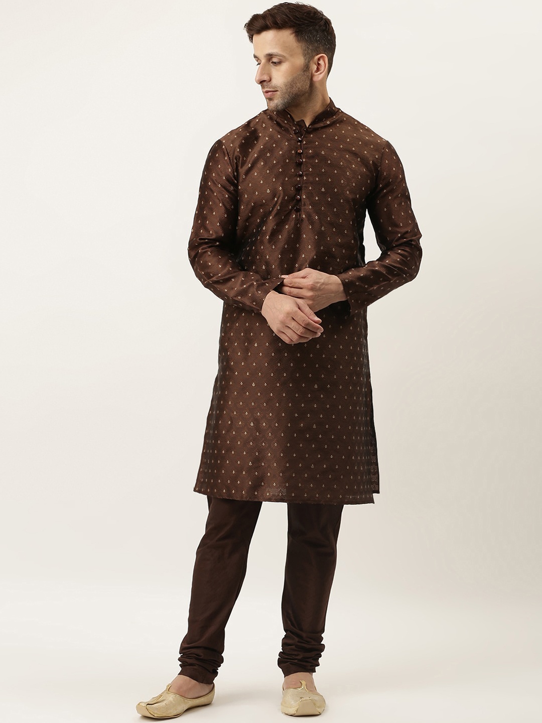 

Hangup Men Brown Woven Design Regular Dupion Silk Kurta with Churidar