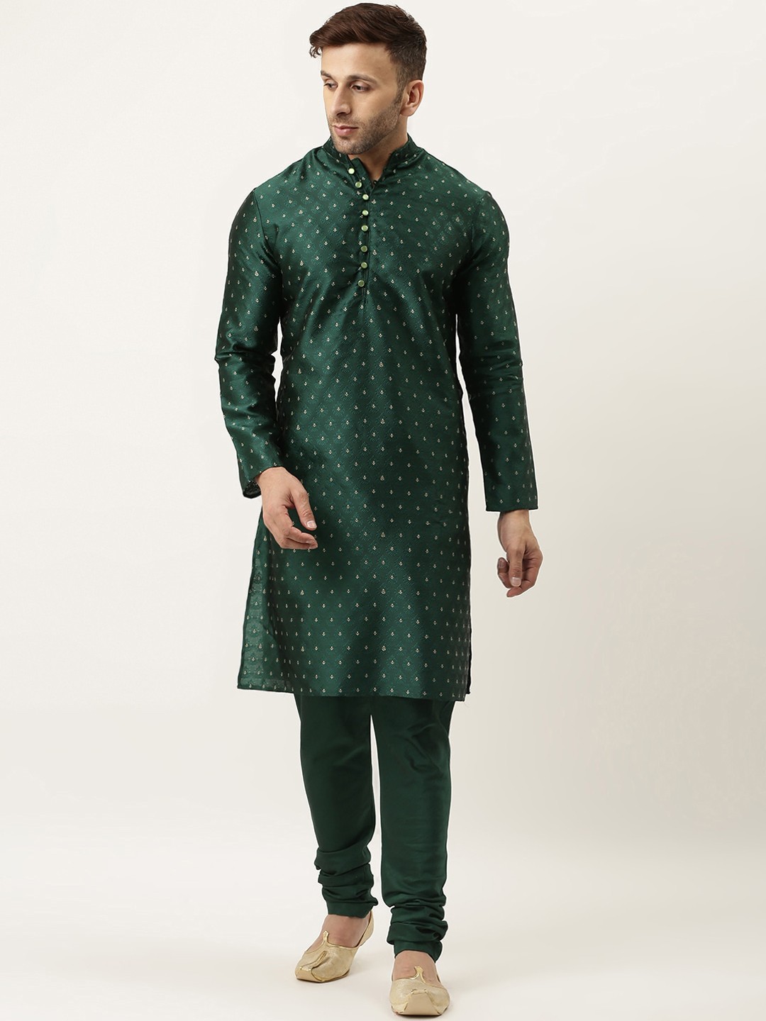 

Hangup Men Green Ethnic Motifs Regular Dupion Silk Kurta with Churidar