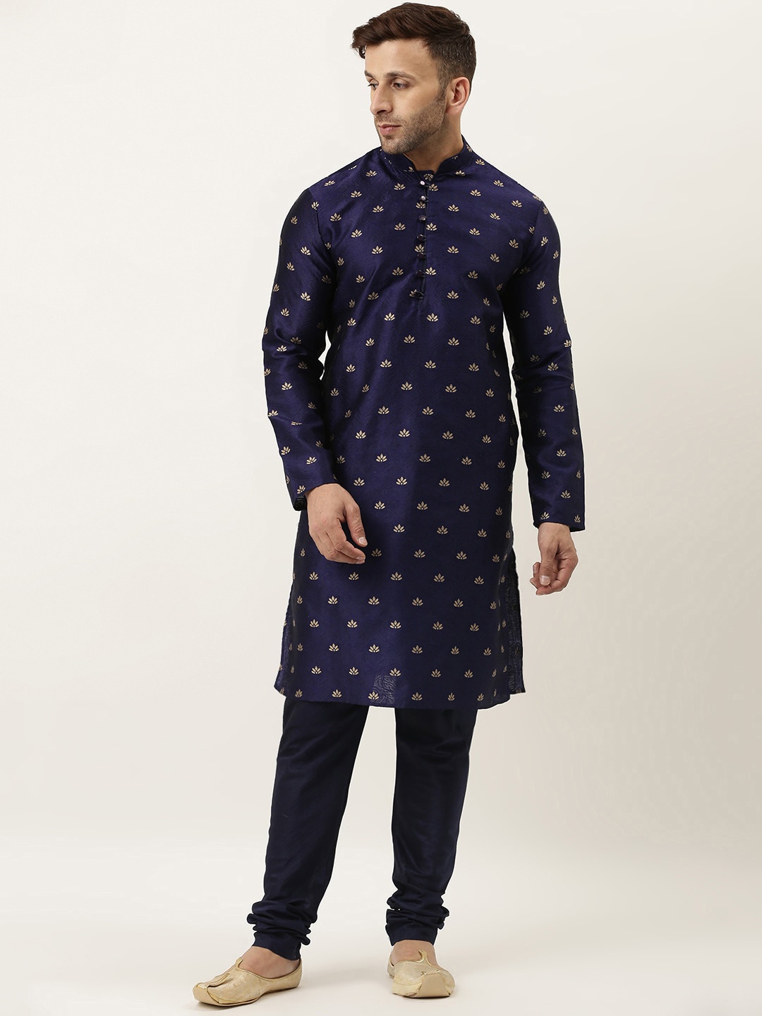 

Hangup Men Blue Floral Angrakha Dupion Silk Kurta with Churidar