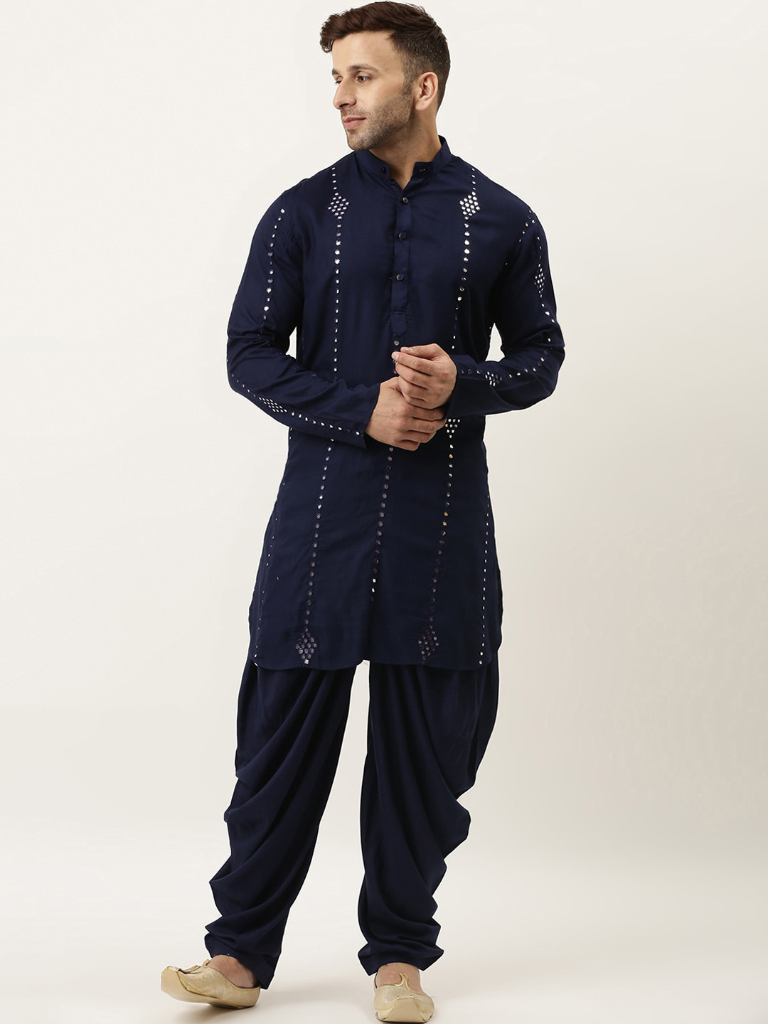 

Hangup Men Navy Blue Embroidered Regular Mirror Work Kurta with Dhoti Pants
