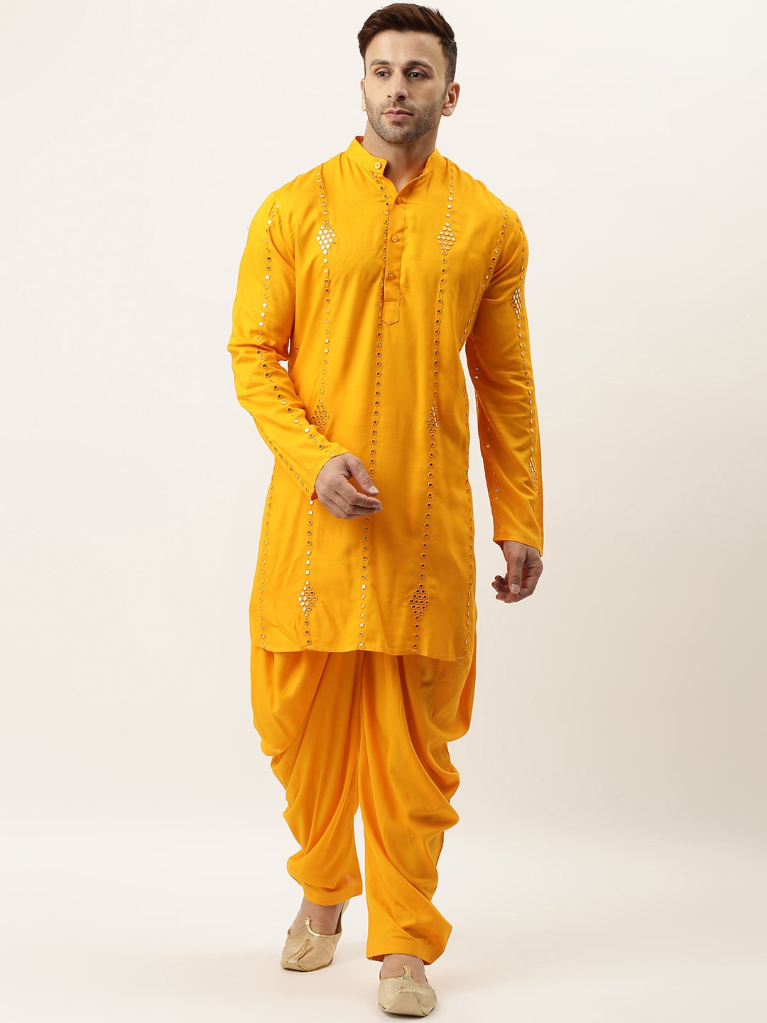 

Hangup Men Yellow Regular Mirror Work Kurta with Dhoti Pants