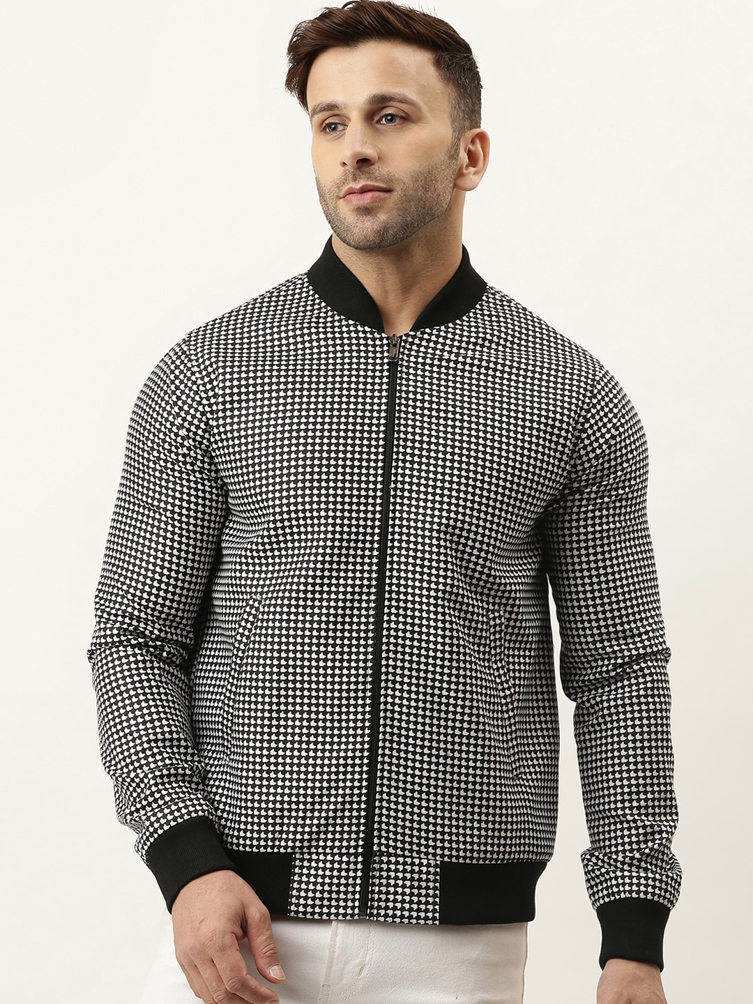 

Hangup Men Black & White Checked Lightweight Bomber Jacket