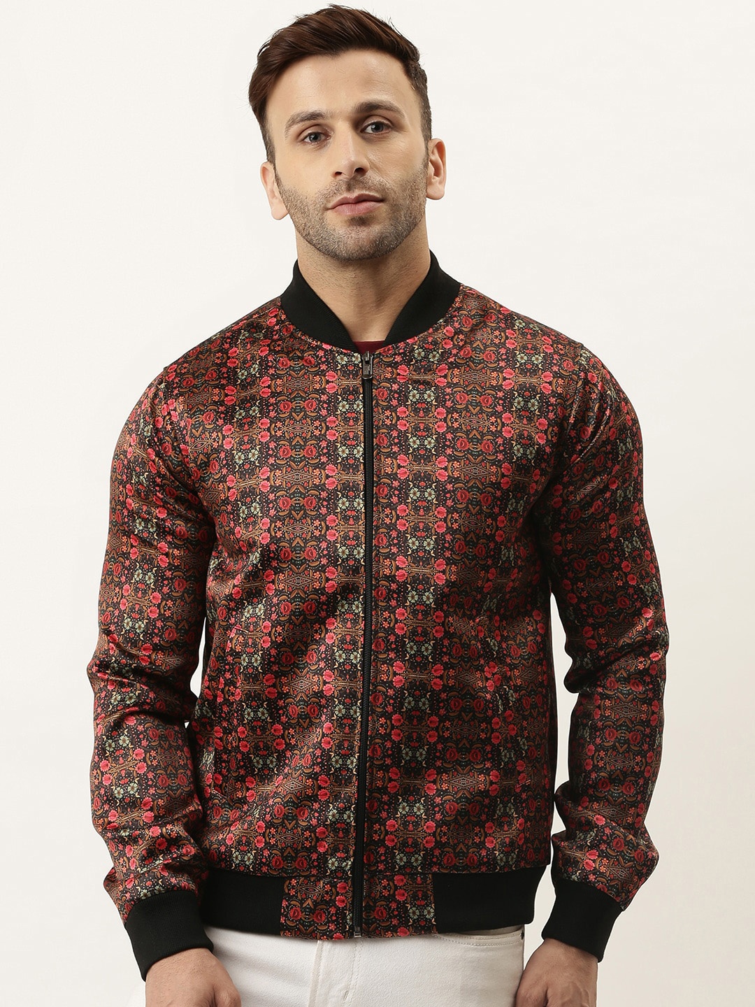 

Hangup Men Maroon & Black Geometric Printed Lightweight Bomber Jacket