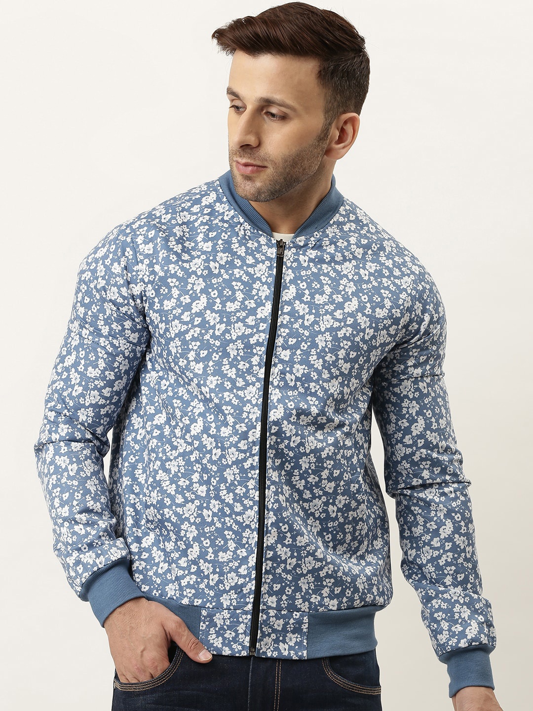 

Hangup Men Blue & White Floral Printed Lightweight Bomber Jacket
