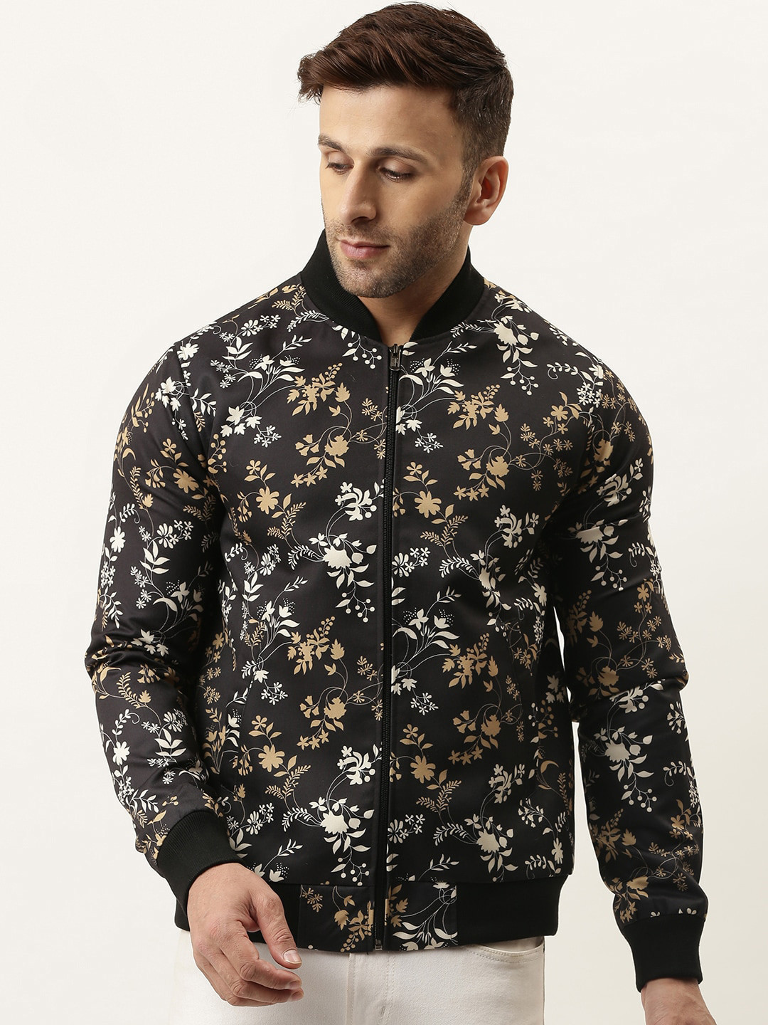 

Hangup Men Black & Beige Floral Printed Lightweight Bomber Jacket