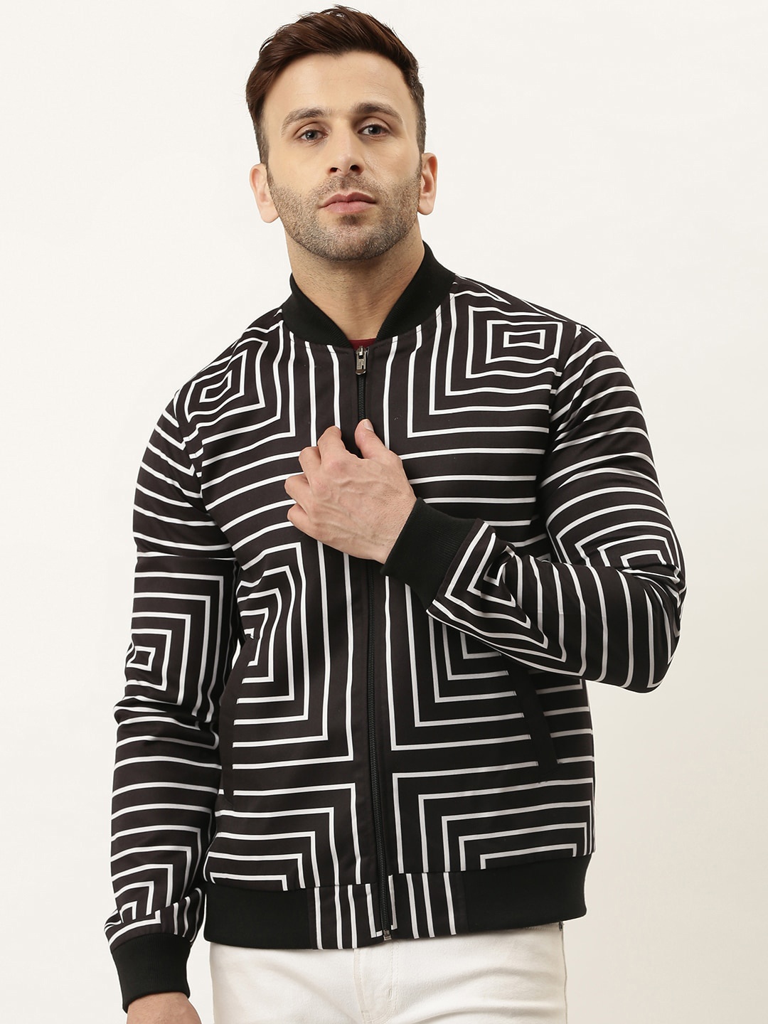 

Hangup Men Black & White Geometric Lightweight Bomber Jacket
