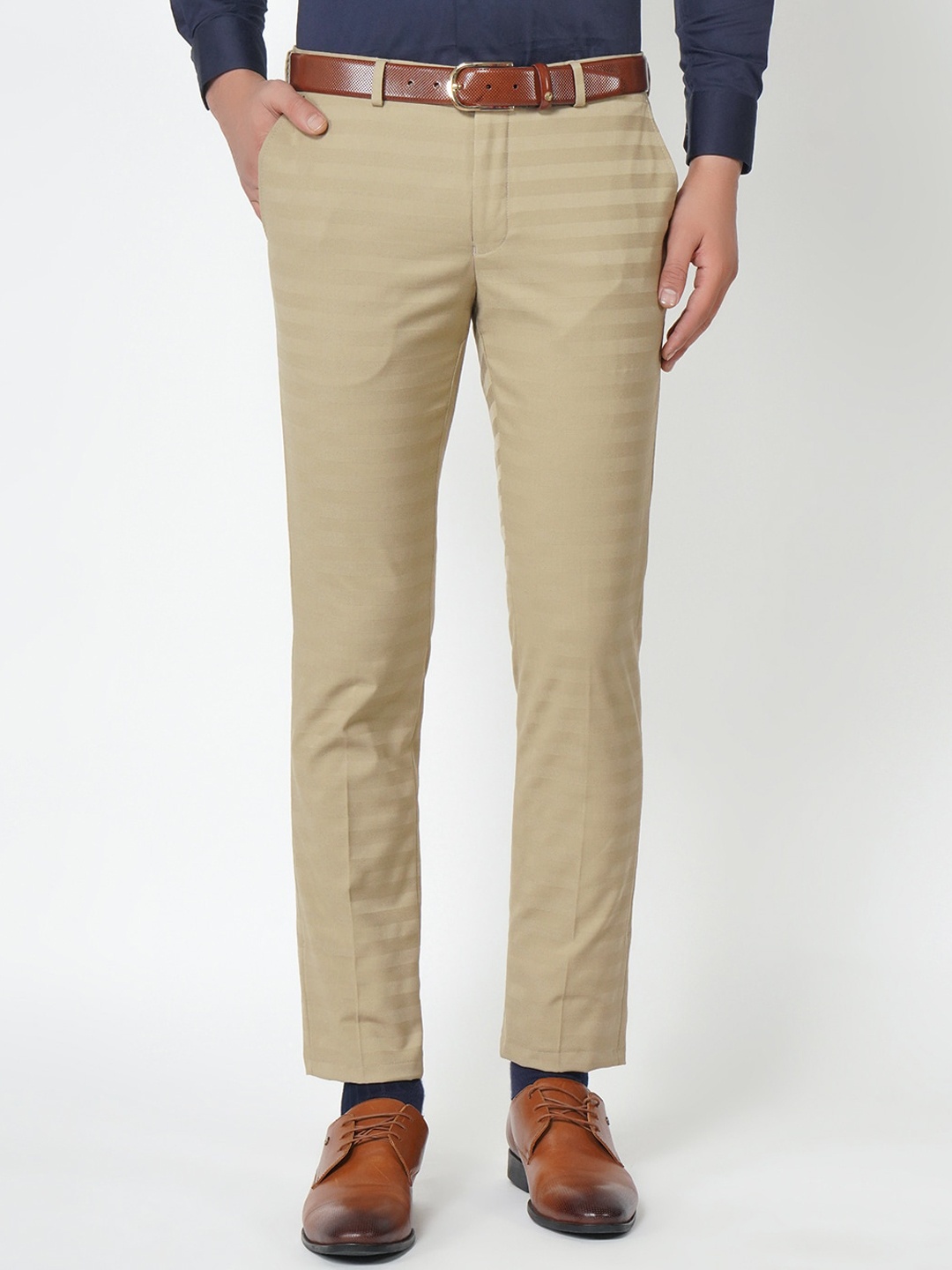 

Blackberrys Men Khaki Checked B-91 Skinny Fit Formal Trousers