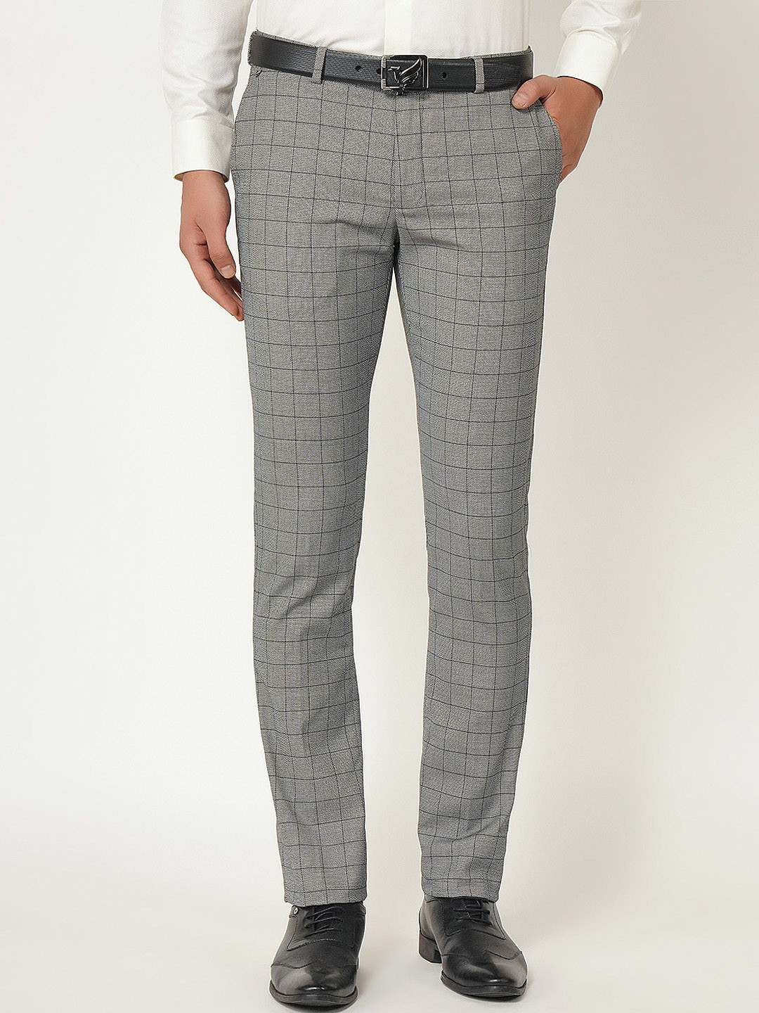 

Blackberrys Men Grey Checked B-95 Slim Fit Formal Trousers
