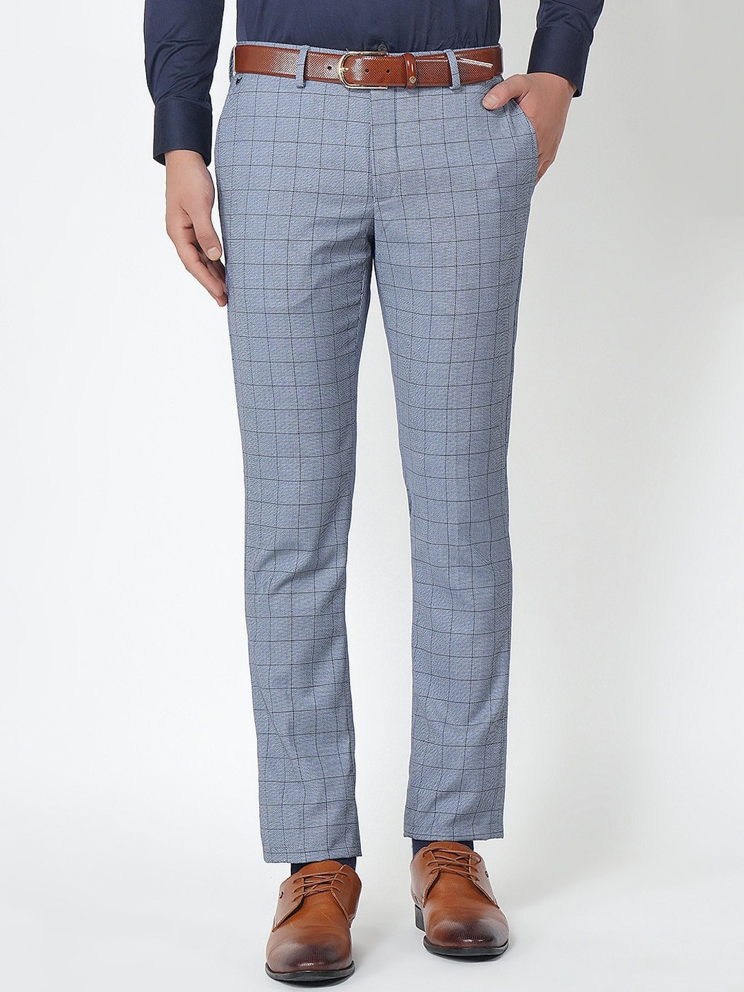 

Blackberrys Men Blue Checked Slim Fit Formal Trousers