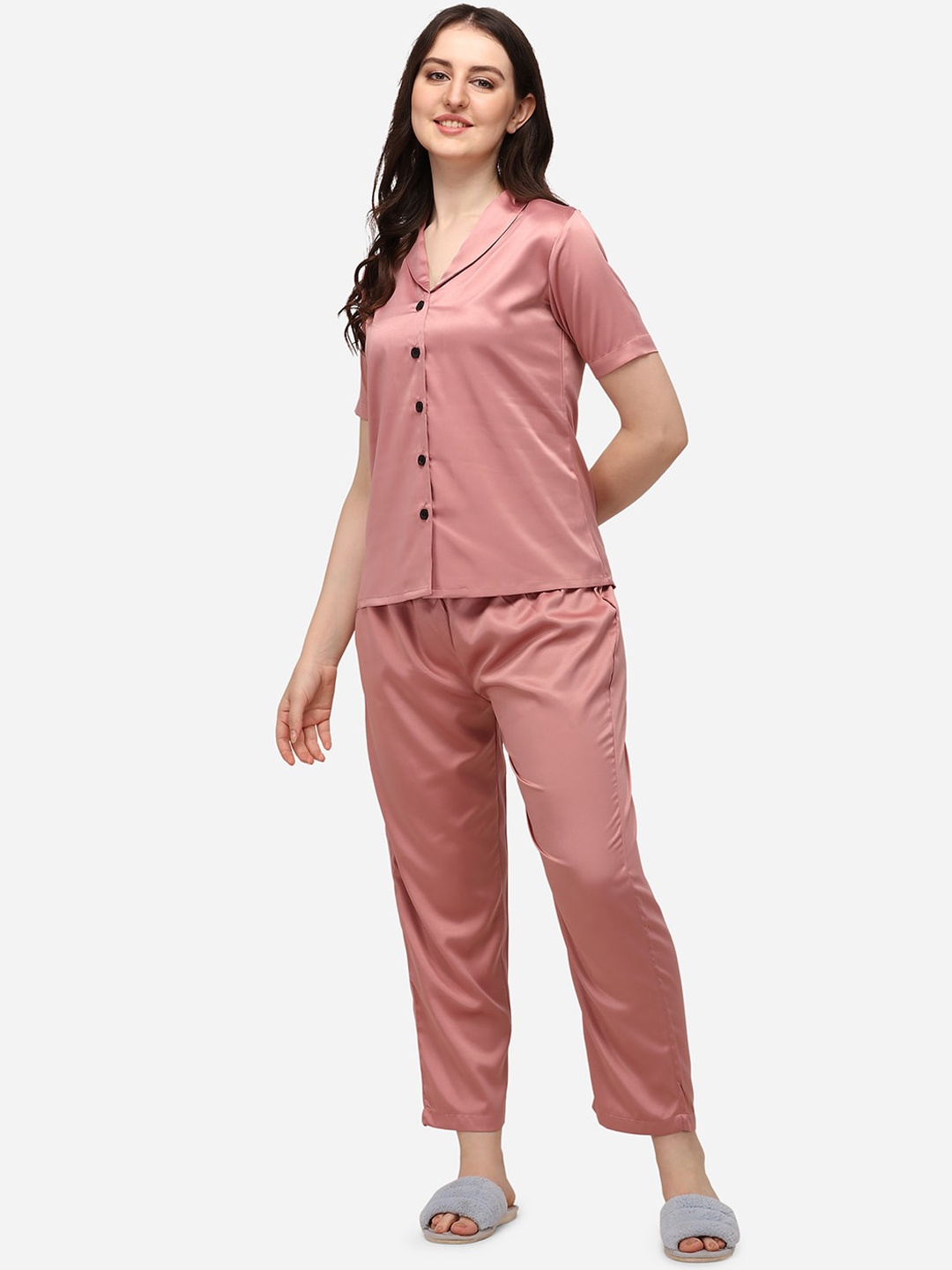 

Smarty Pants Women Rose Gold & Black Silk Satin Night suit