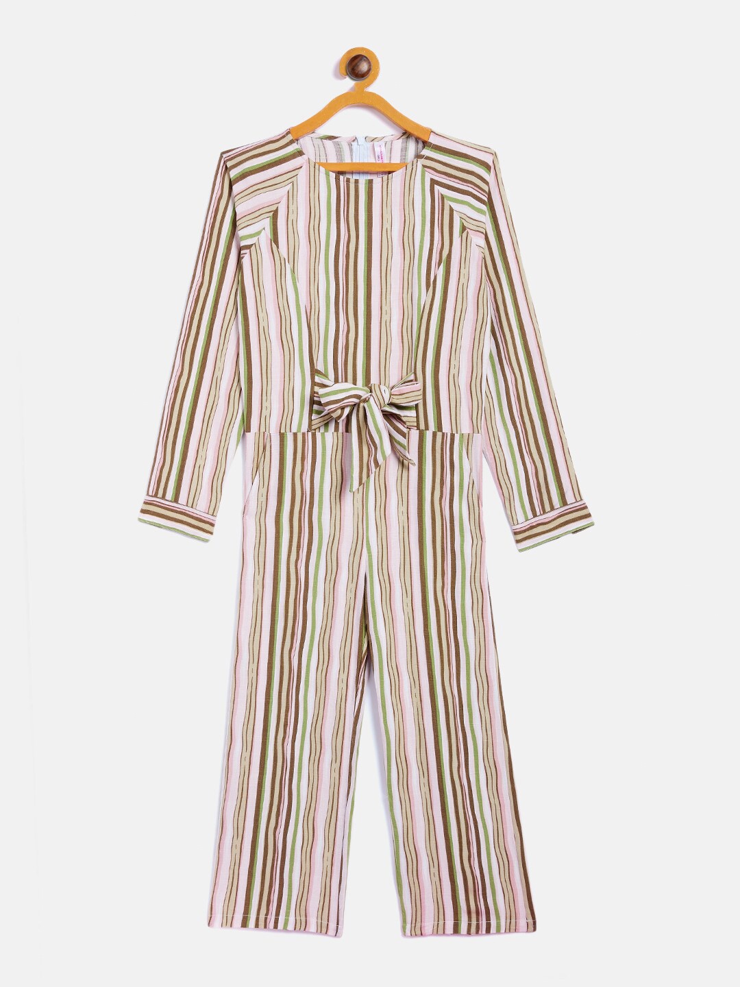 

Crimsoune Club Girls White & Brown Striped Basic Jumpsuit