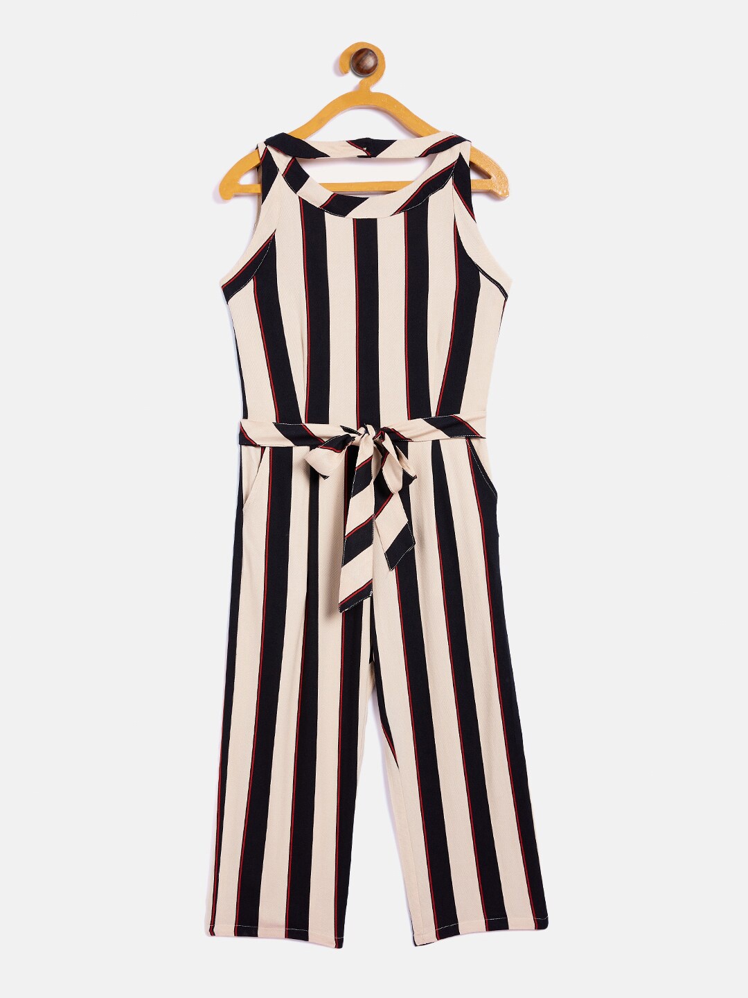 

Crimsoune Club Girls Black & Cream-Coloured Striped Basic Jumpsuit