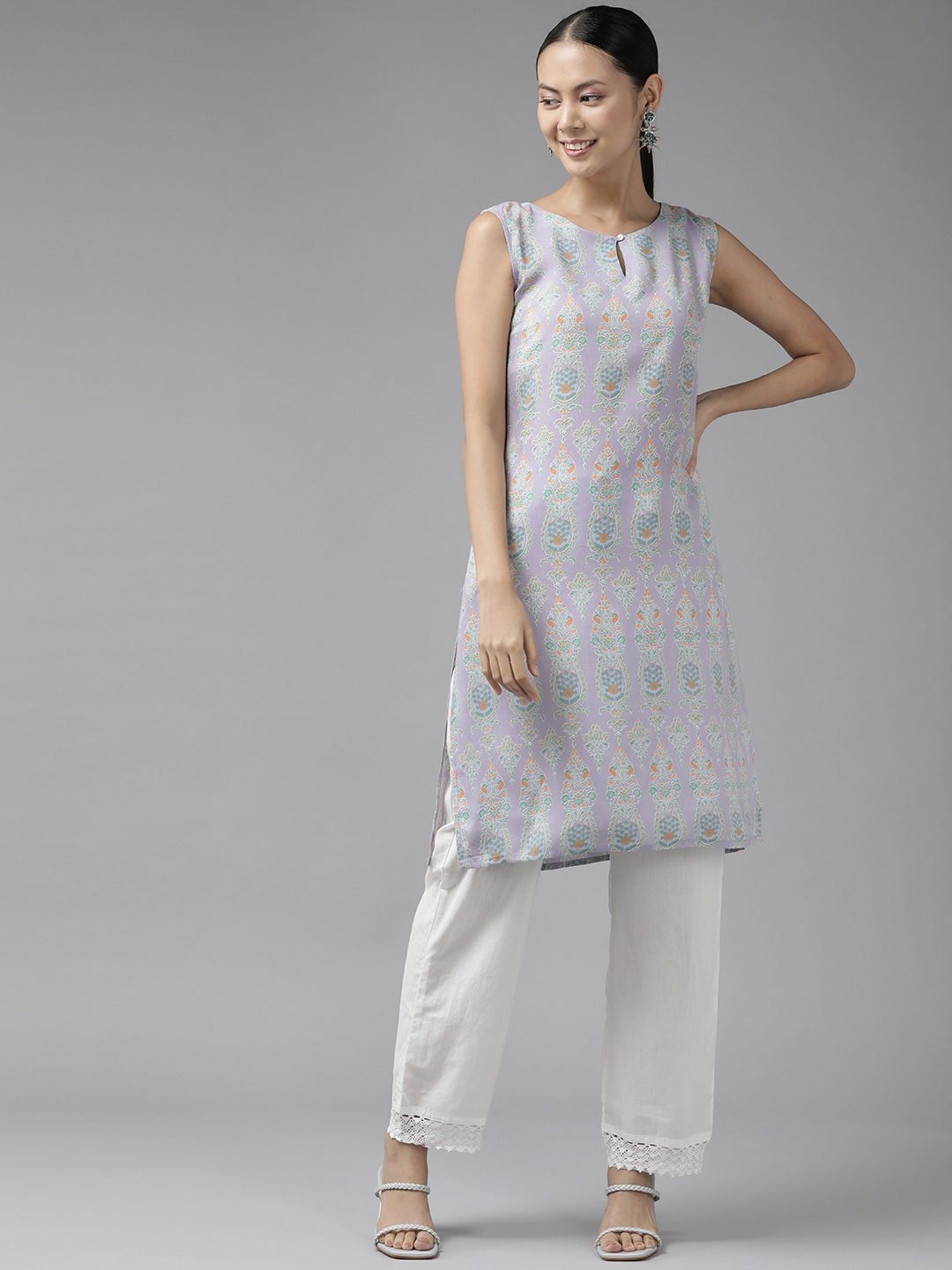 

W Women Mauve & Orange Liva Printed Keyhole Neck Kurta