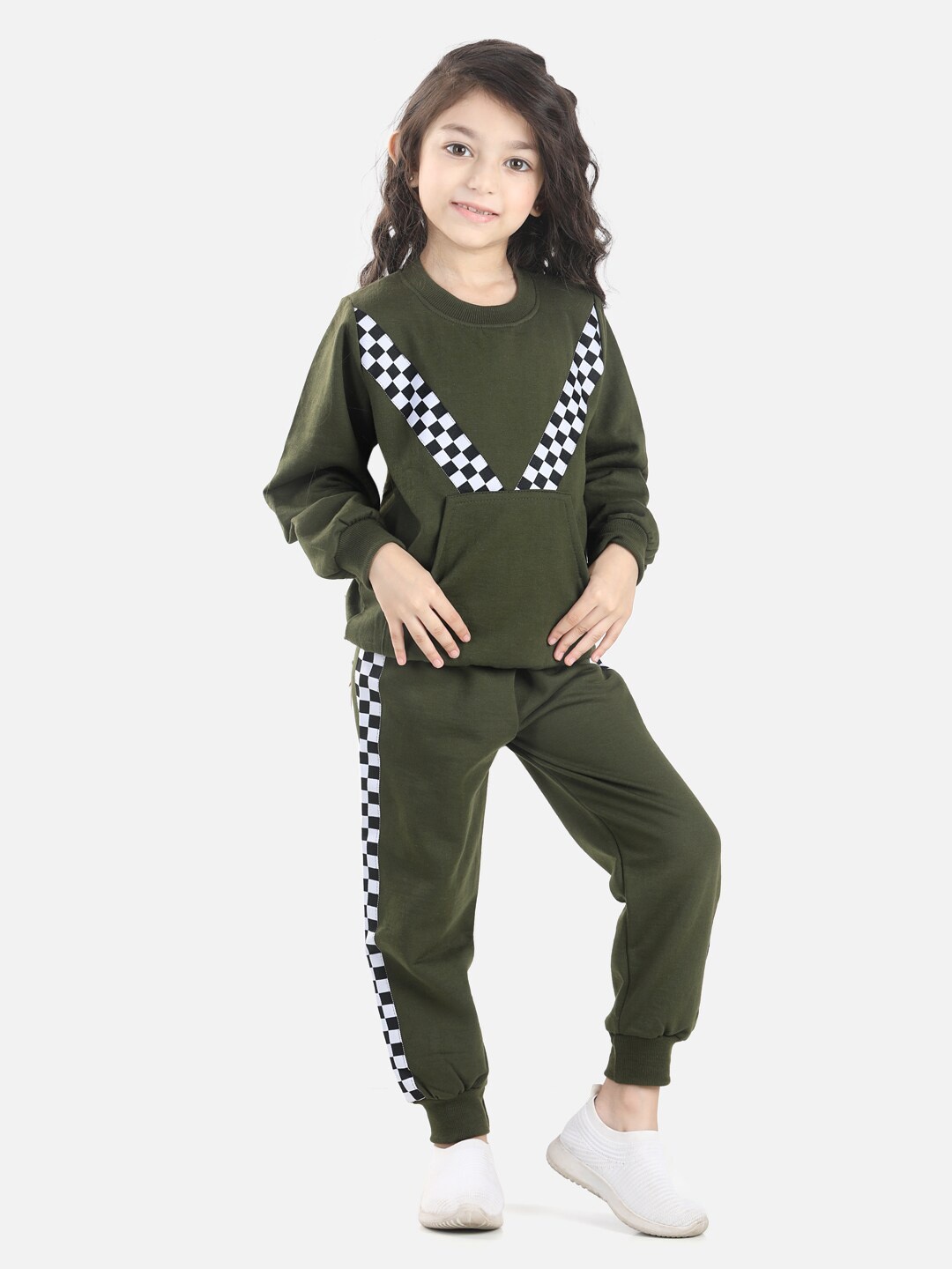 

Cutiekins Girls Olive Green & White Box Lace Front Pocket Sweatshirt & Track Pant