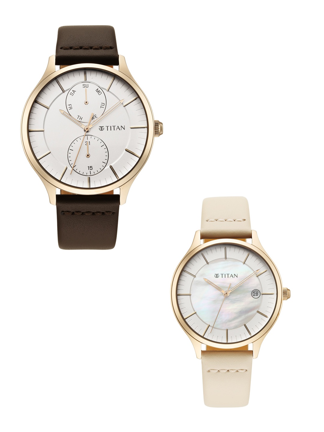 

Titan Set Of 2 Beige Dial & Brown Leather Straps Analogue His & Her Watch 9400494204WL01, Silver