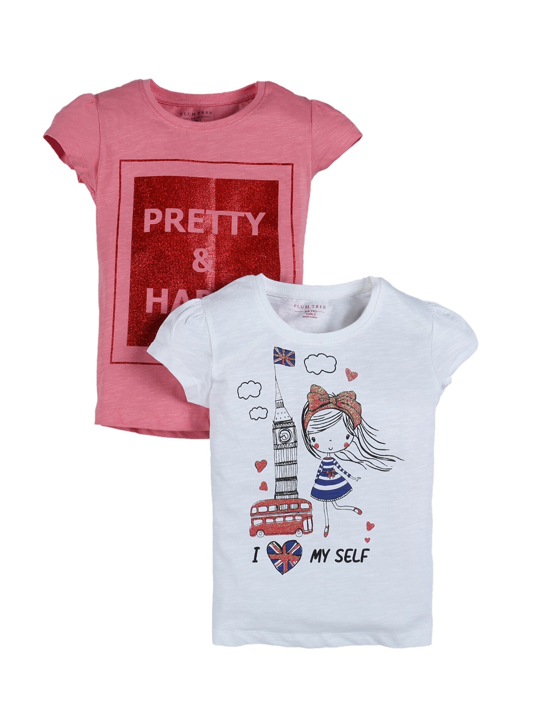 

PLUM TREE Girls Multicoloured 2 Printed Extended Sleeves Applique T-shirt, Multi
