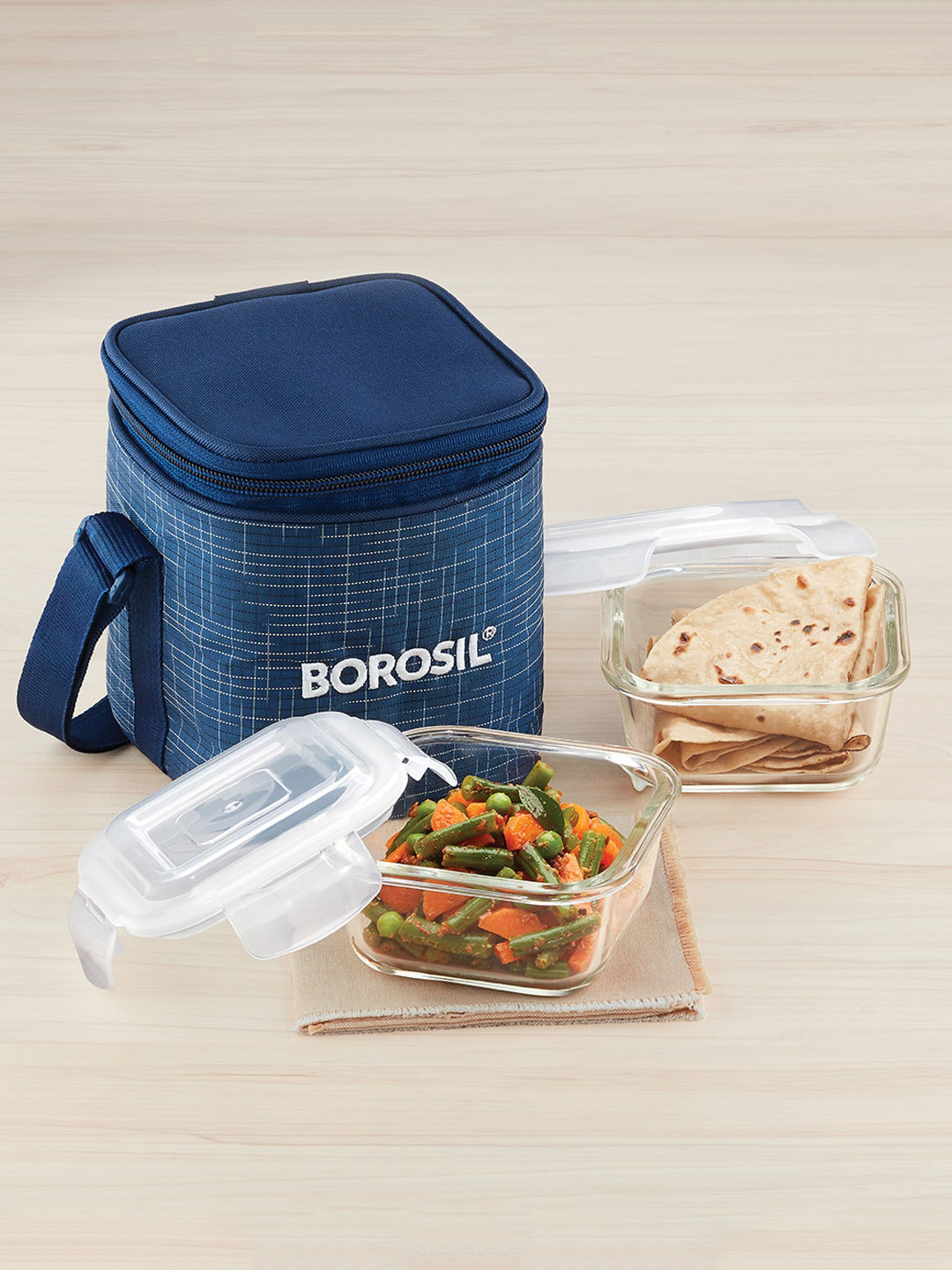 

BOROSIL Prime Set of 2 Transparent Glass Lunch Box With Blue Carry Bag