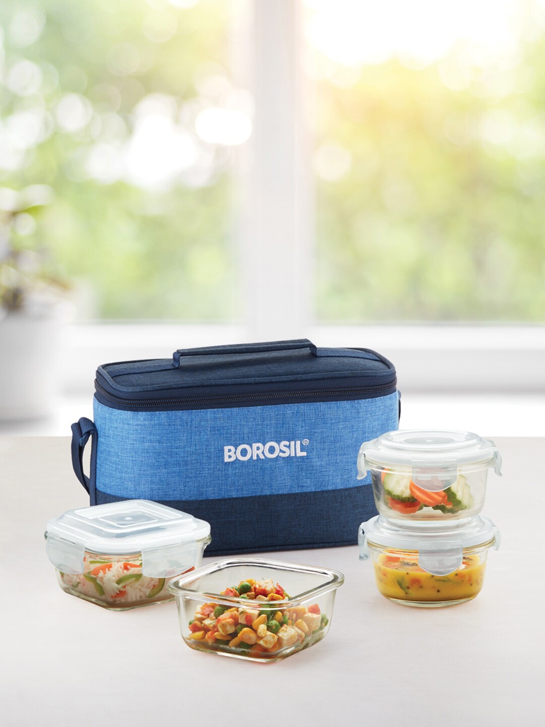 

BOROSIL Prime Transparent & Blue Borosilicate Glass Lunch Box With 4 Containers