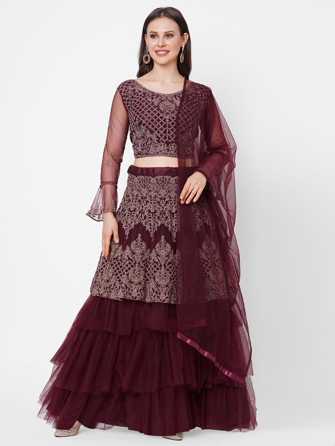 

RedRound Maroon Embroidered Semi-Stitched Lehenga & Unstitched Blouse With Dupatta