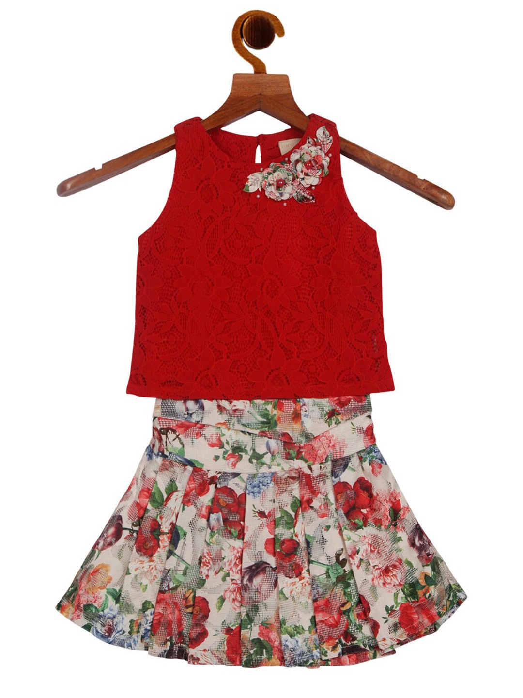 

Tiny Girl Girls Red & Off White Top with Skirt