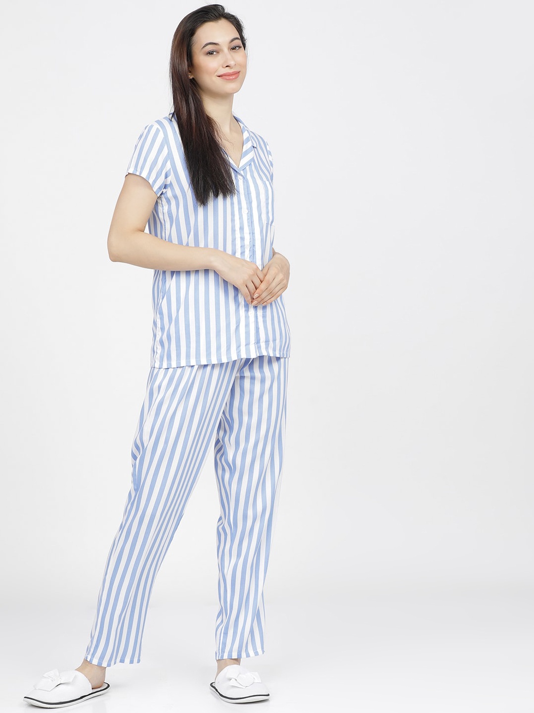 

Tokyo Talkies Women Blue & White Striped Night suit