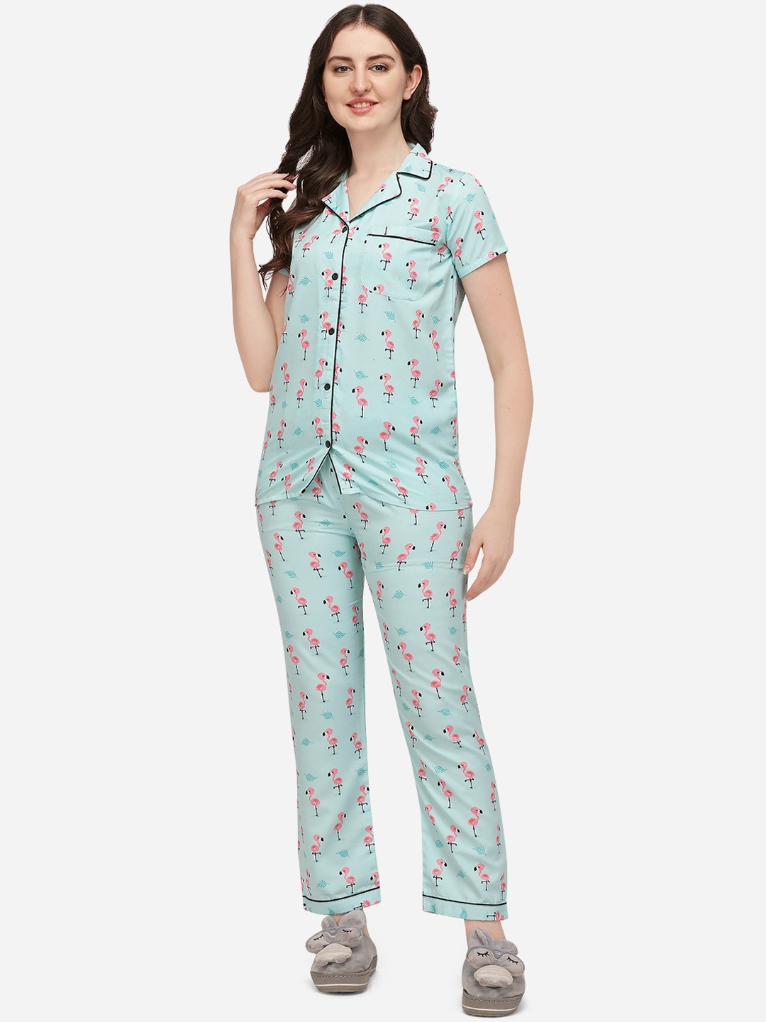 

House of JAMMIES Women Blue & Pink Printed Pure Cotton Night suit