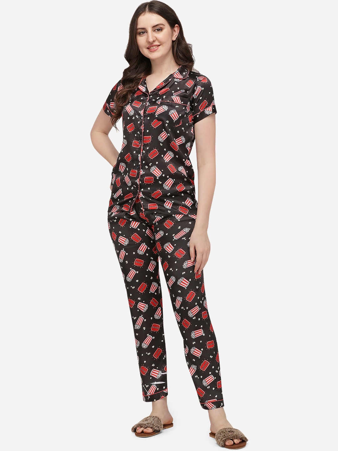 

House of JAMMIES Women Black & Red Printed Night suit