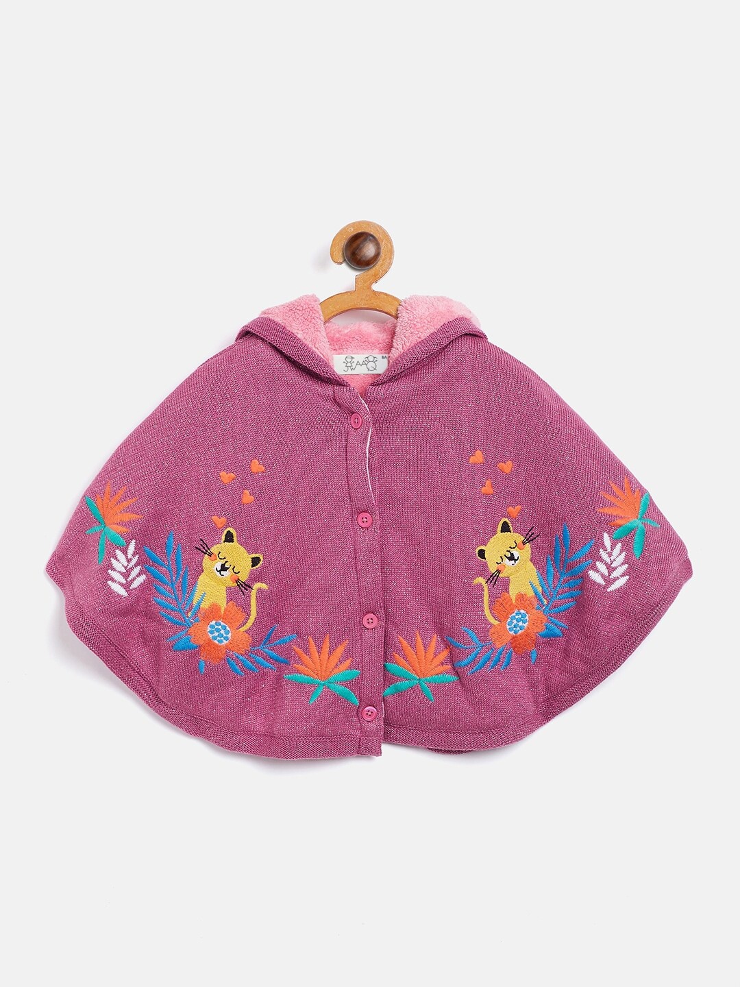 

JWAAQ Girls Pink & Orange Floral Printed Embroidered Poncho