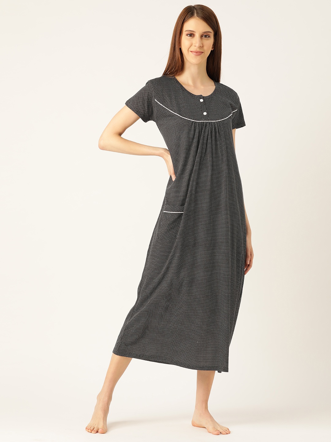 

MBeautiful Black & White Micro Ditsy Dots Print Midi Nightdress