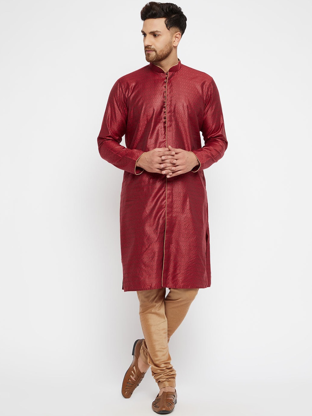 

VASTRAMAY Men Maroon Silk Blend Regular Kurta with Pyjamas