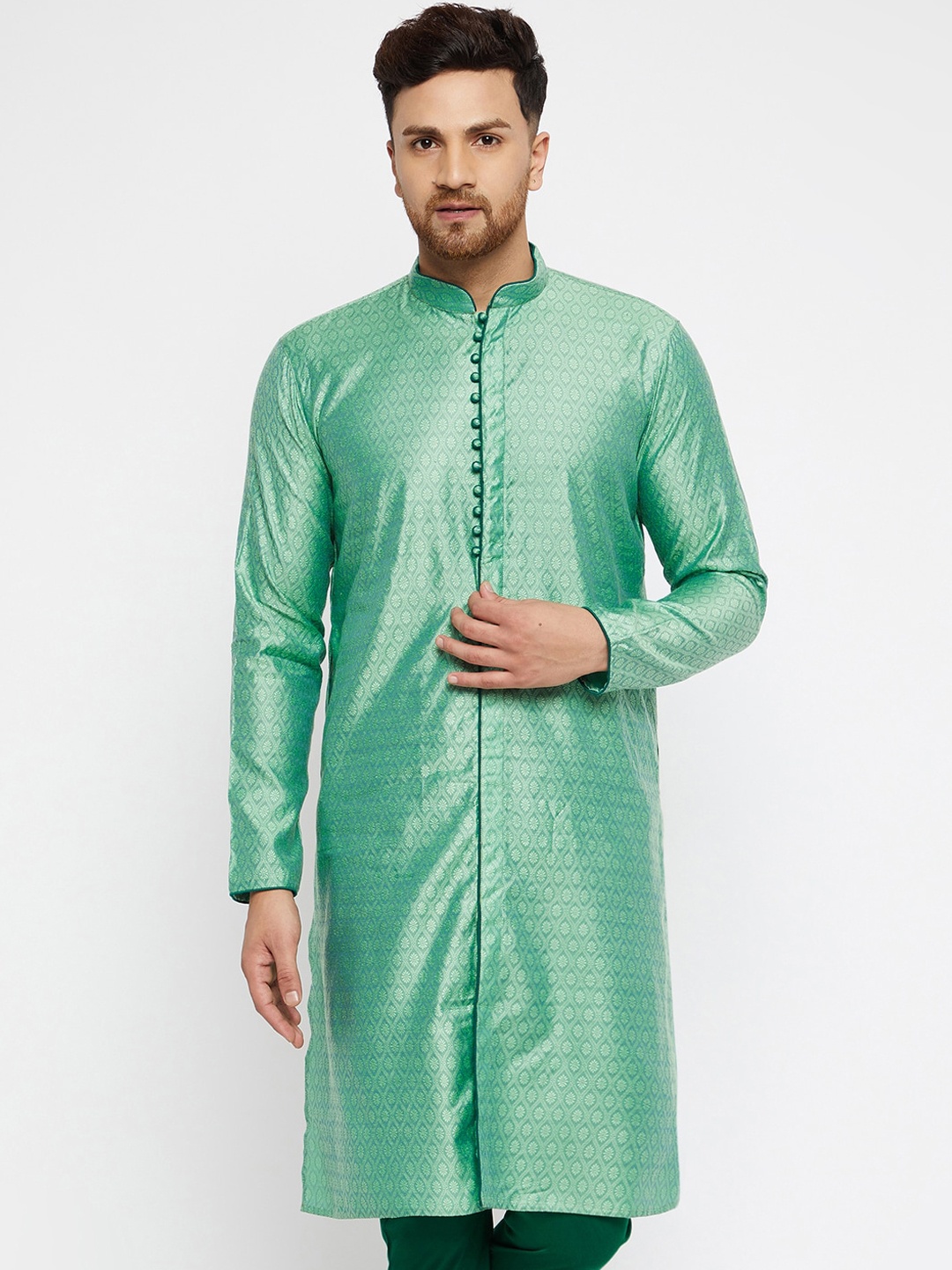 

VASTRAMAY Men Green Ethnic Motifs Thread Work Jacquard Kurta