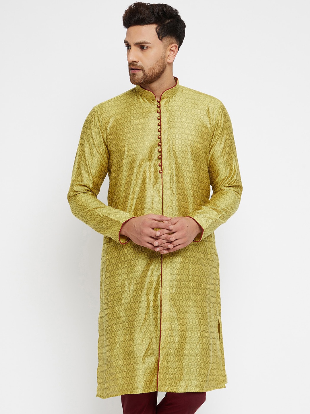 

VASTRAMAY Men Mustard Yellow Thread Work Jacquard Kurta
