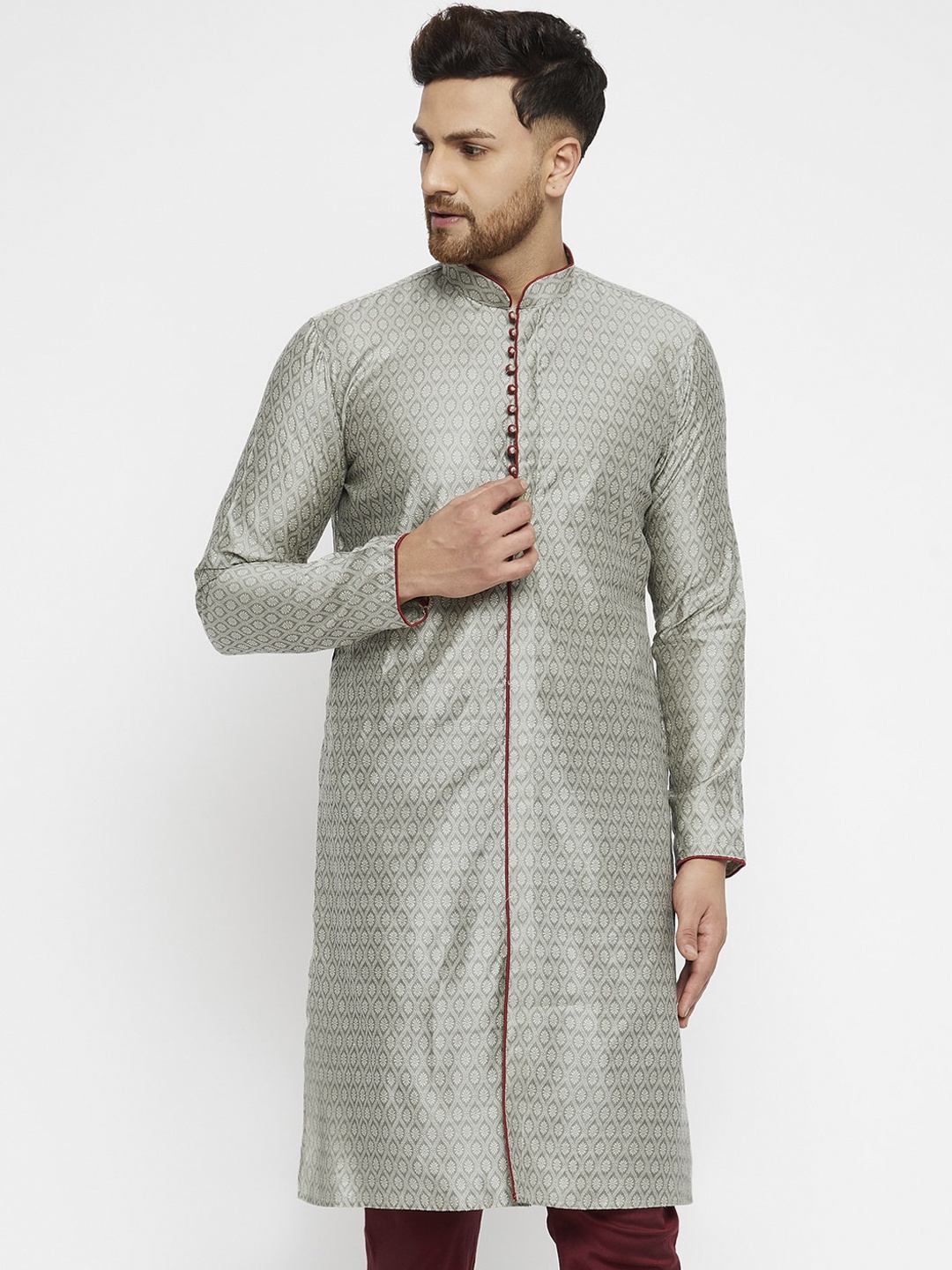 

VASTRAMAY Men Grey Thread Work Jacquard Kurta