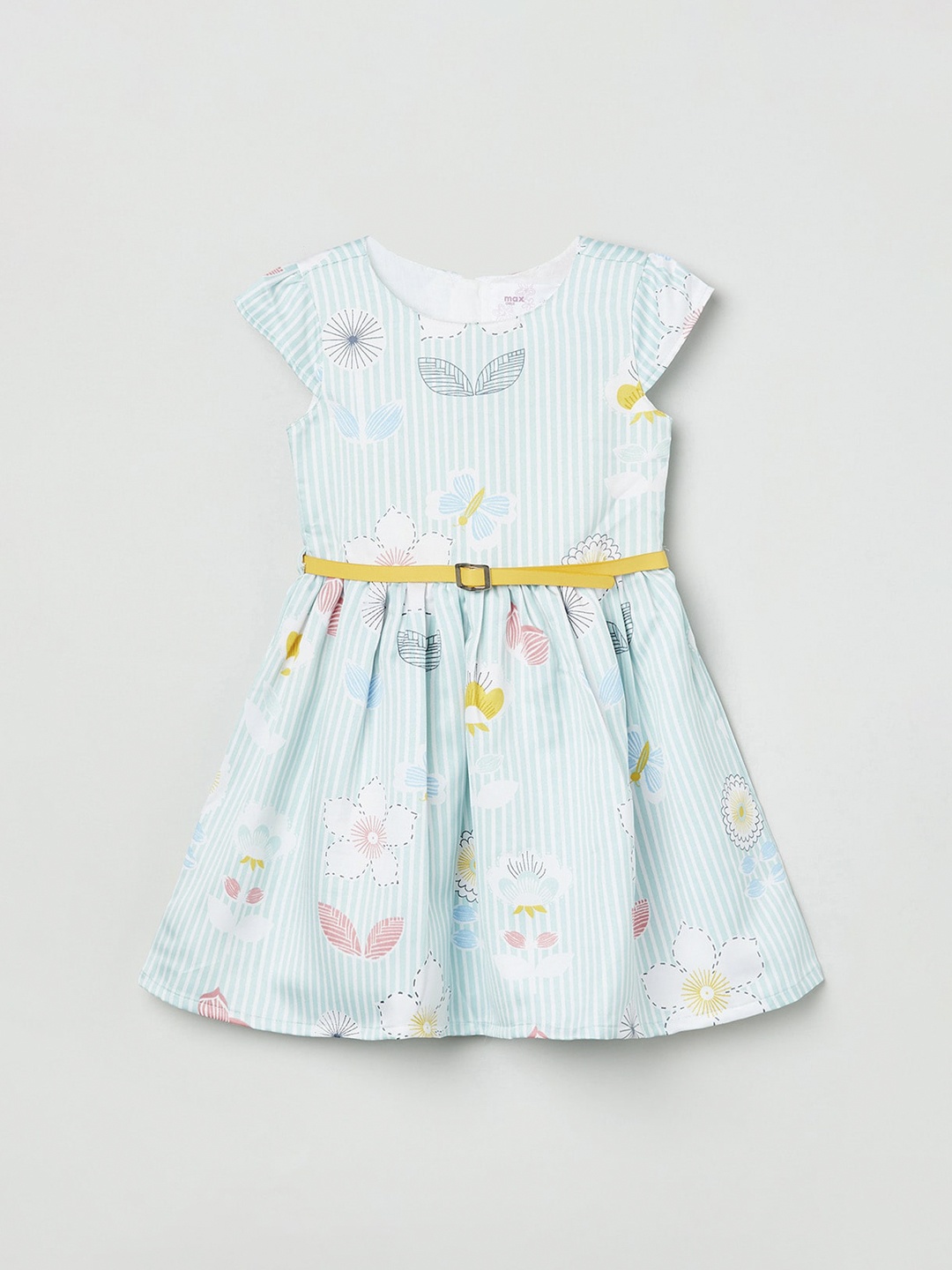 

max Girls Blue & White Floral Printed Belted Dress