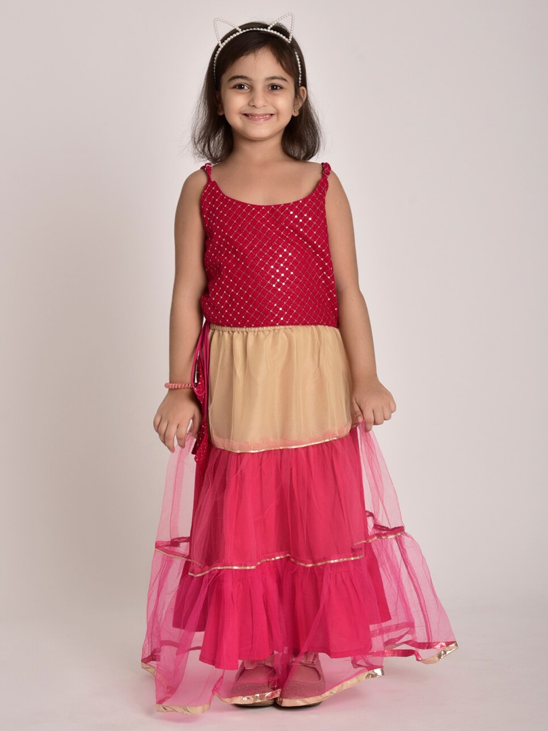 

CUTE LEMONS Girls Pink & Beige Embellished Ready to Wear Lehenga choli set