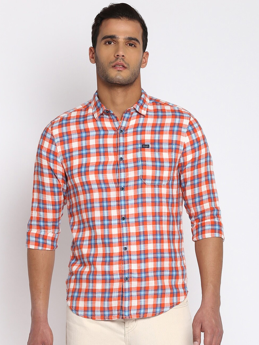 

Wrangler Men Orange Tartan Checks Opaque Checked Casual Shirt