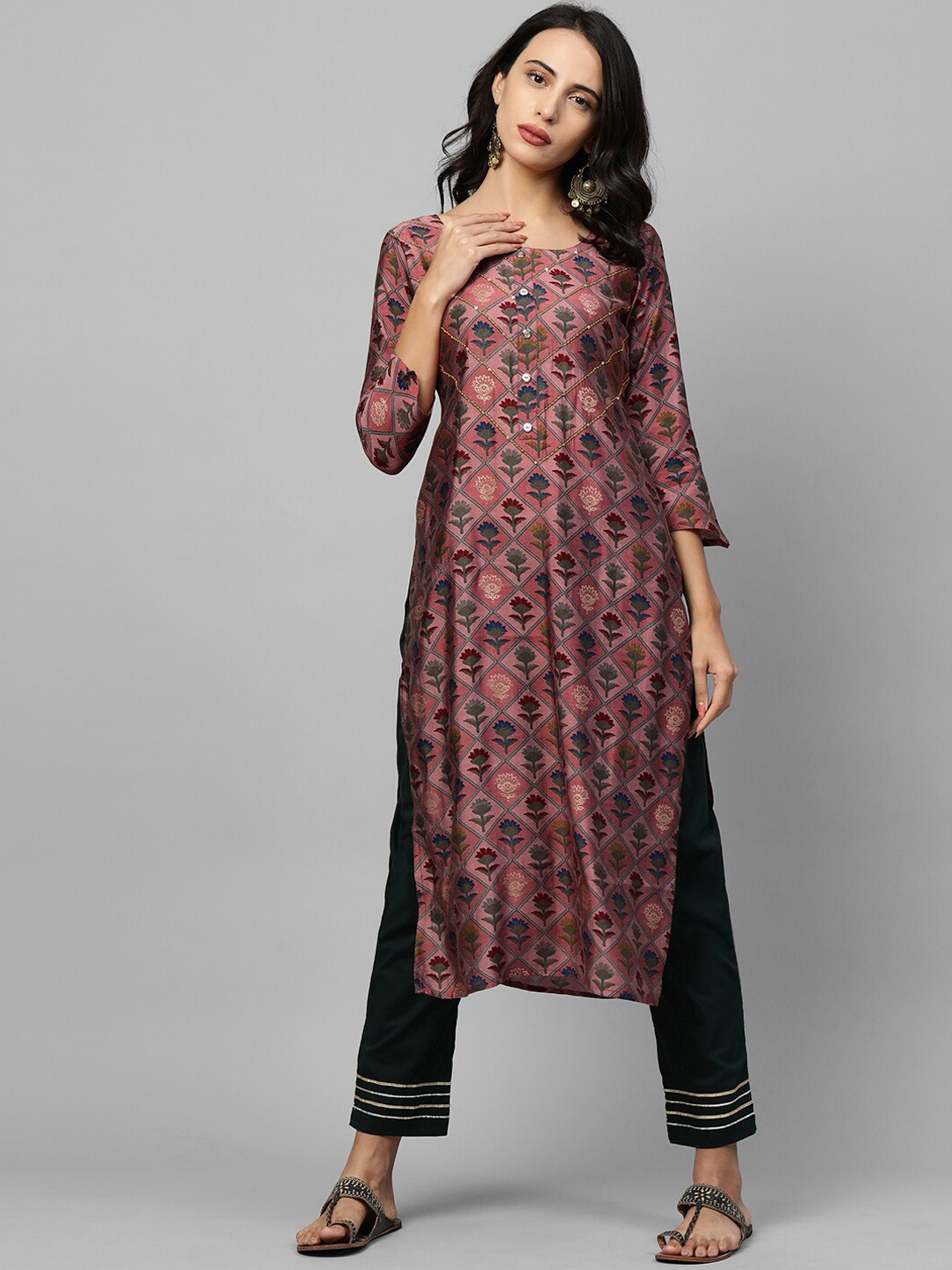 

FASHOR Women Rose Gold Floral Printed Kantha Embroidery Kurta