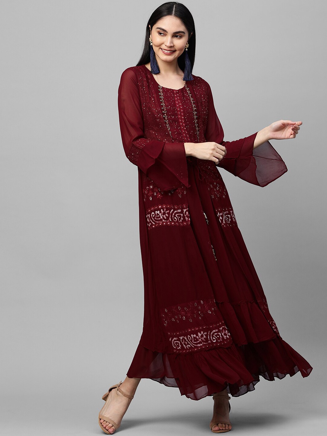 

FASHOR Maroon Ethnic Motifs Embroidered Layered Georgette Ethnic Maxi Dress