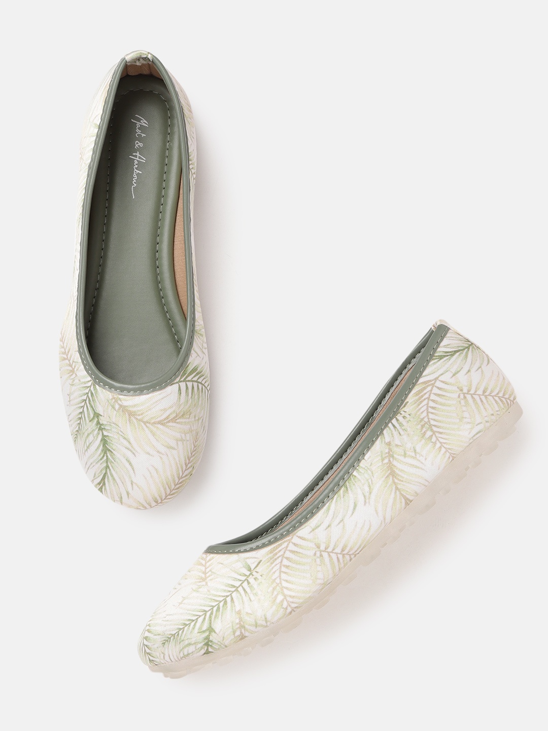 

Mast & Harbour Women White & Green Printed Ballerinas Flats